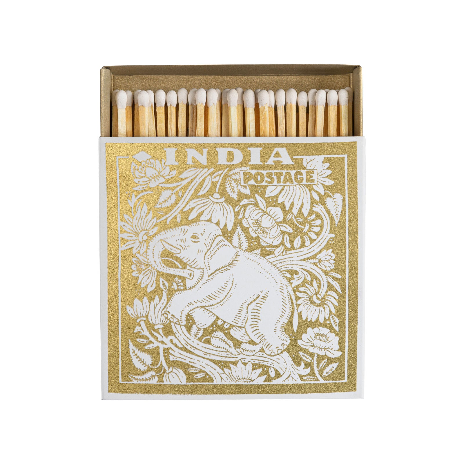 Die Packung der Streichhölzer Elephant Stamp von Archivist steht leicht offen und gibt so den Blick frei auf Zündhölzer mit weißen Köpfen. Auf die Verpackung ist ein goldenes Motiv eines Elefanten.