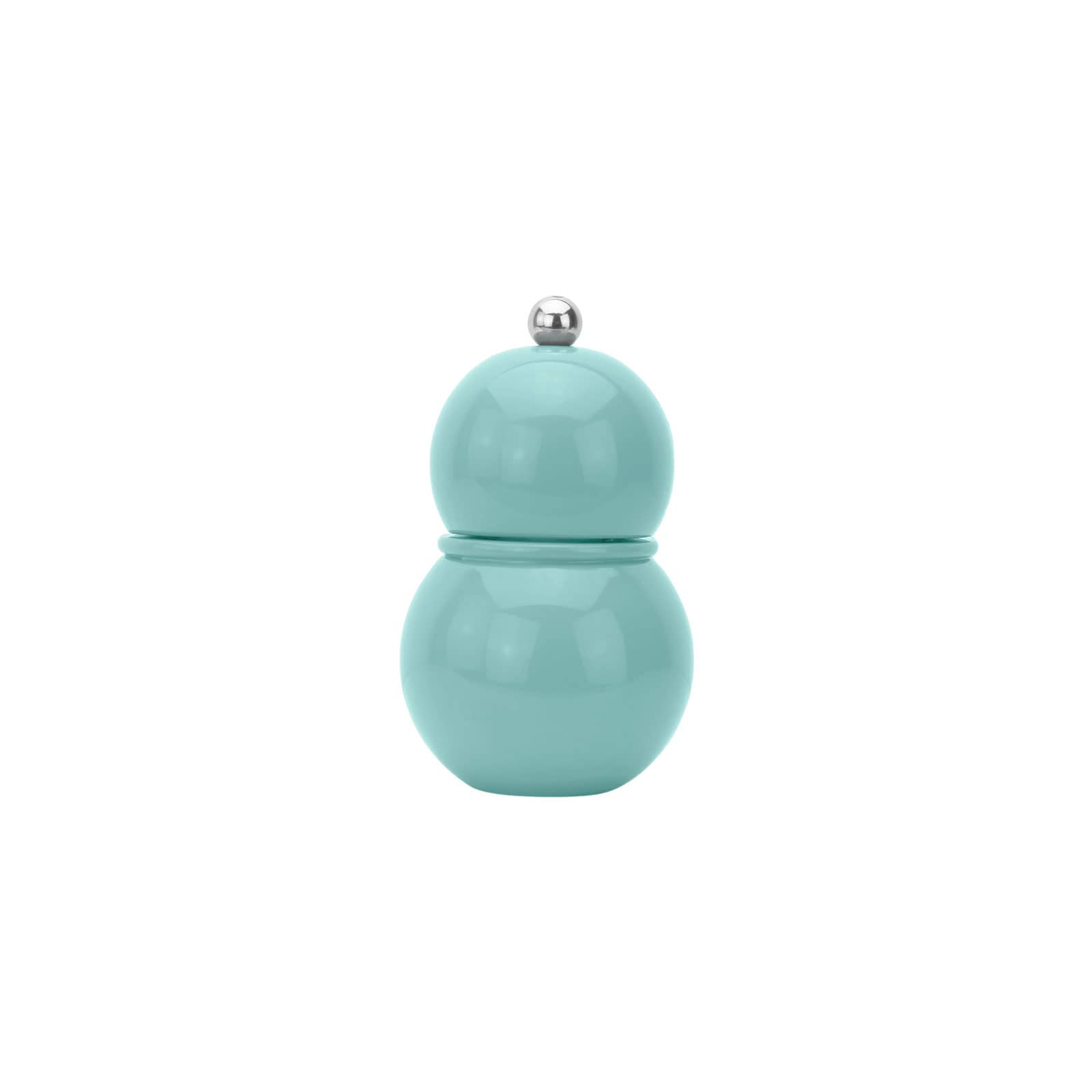 Die Chubbie Salz- und Pfeffermühle 12cm eau de nil von Addison Ross ist geformt wie zwei aufeinandergestapelte Kugeln. Sie ist überzogen von spiegelnd glänzendem, hellblauem Lack.