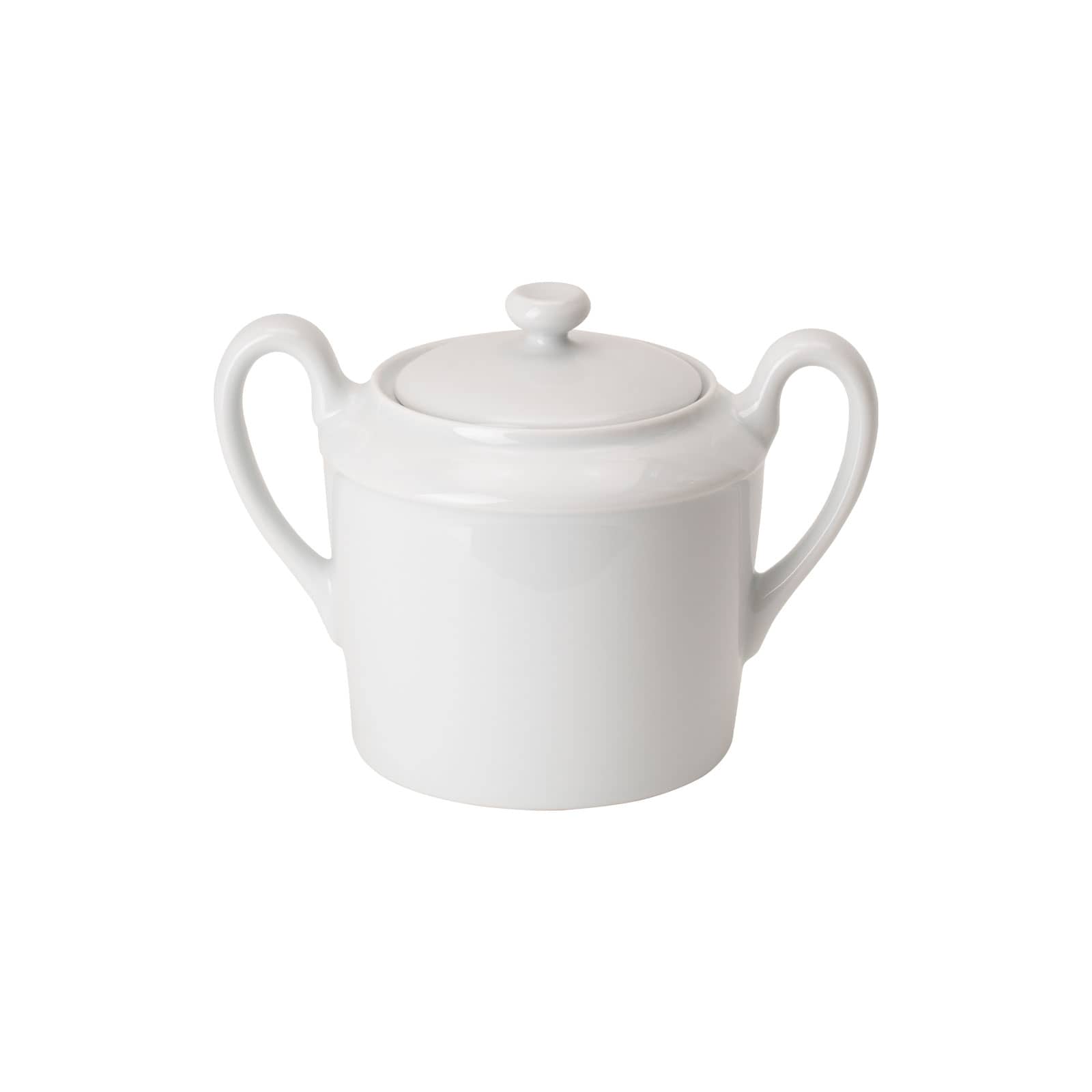 Die Limoges weiß Zuckerdose ist eine klassische zylindrische Porzellandose mit Henkeln an beiden Seiten.