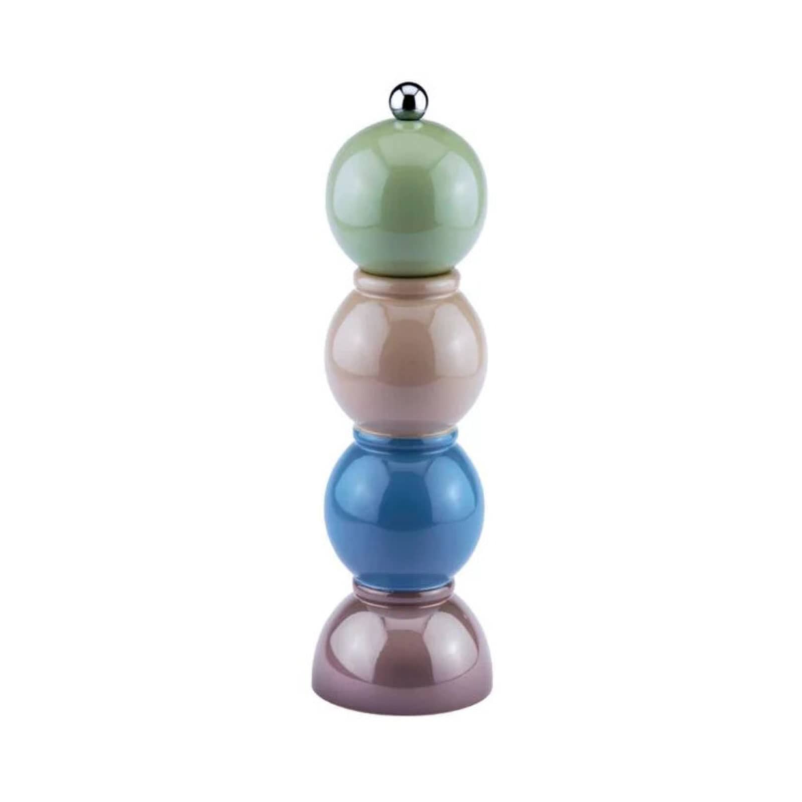 Die Bobbin Salz- und Pfeffermühle 24cm multi salbeigrün von Addison Ross ist geformt aus drei Kugeln und auf einem halbkugelförmigen Fuß. Diese bestehen aus lackiertem Holz. Obendrauf befindet sich ein kugelförmiger Edelstahlknopf.