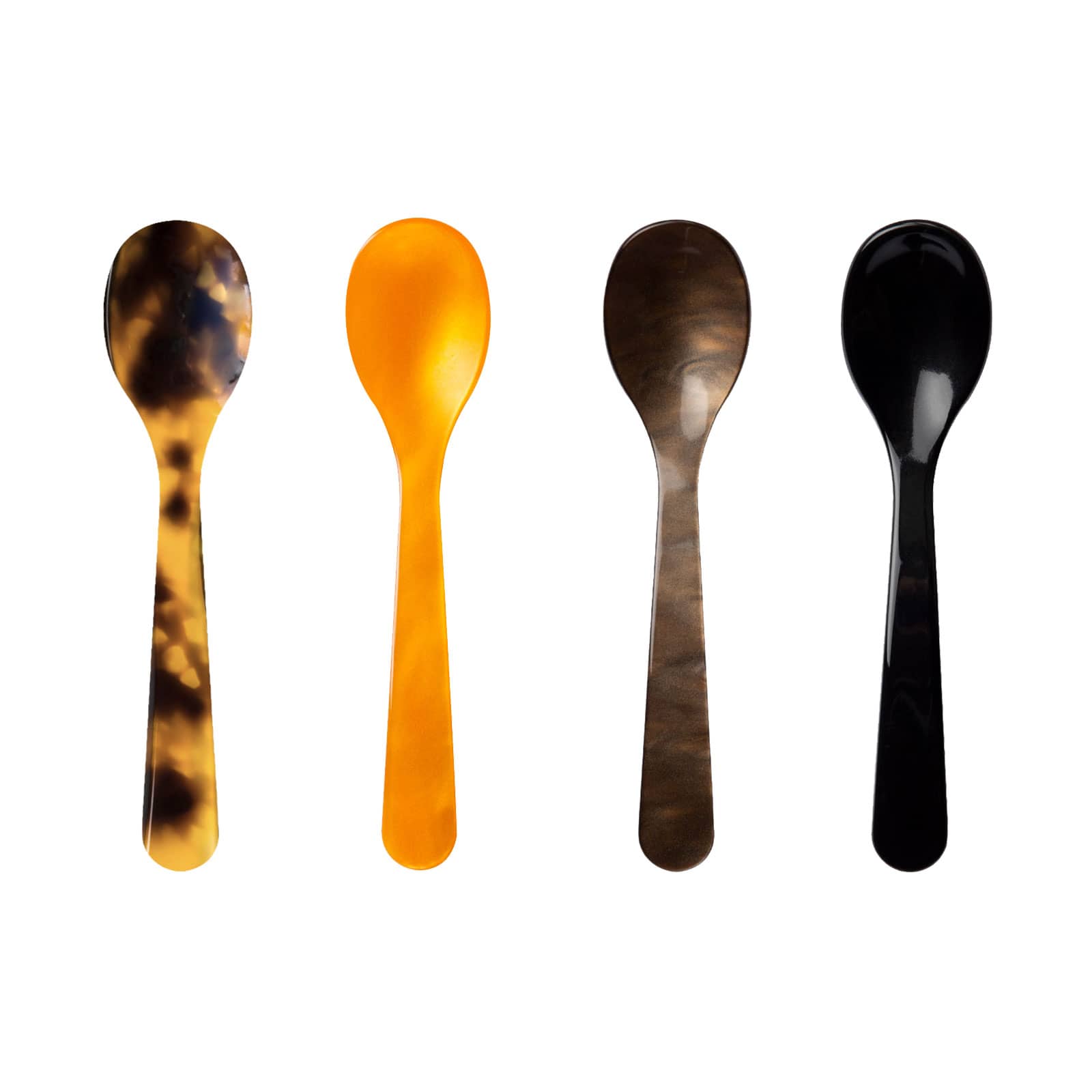 Vier Eierlöffel im Halloween-Look in den Farben Schildpatt, Orange, Schokobraun und Schwarz – Set „Halloween Mix“ von Heim & Söhne.