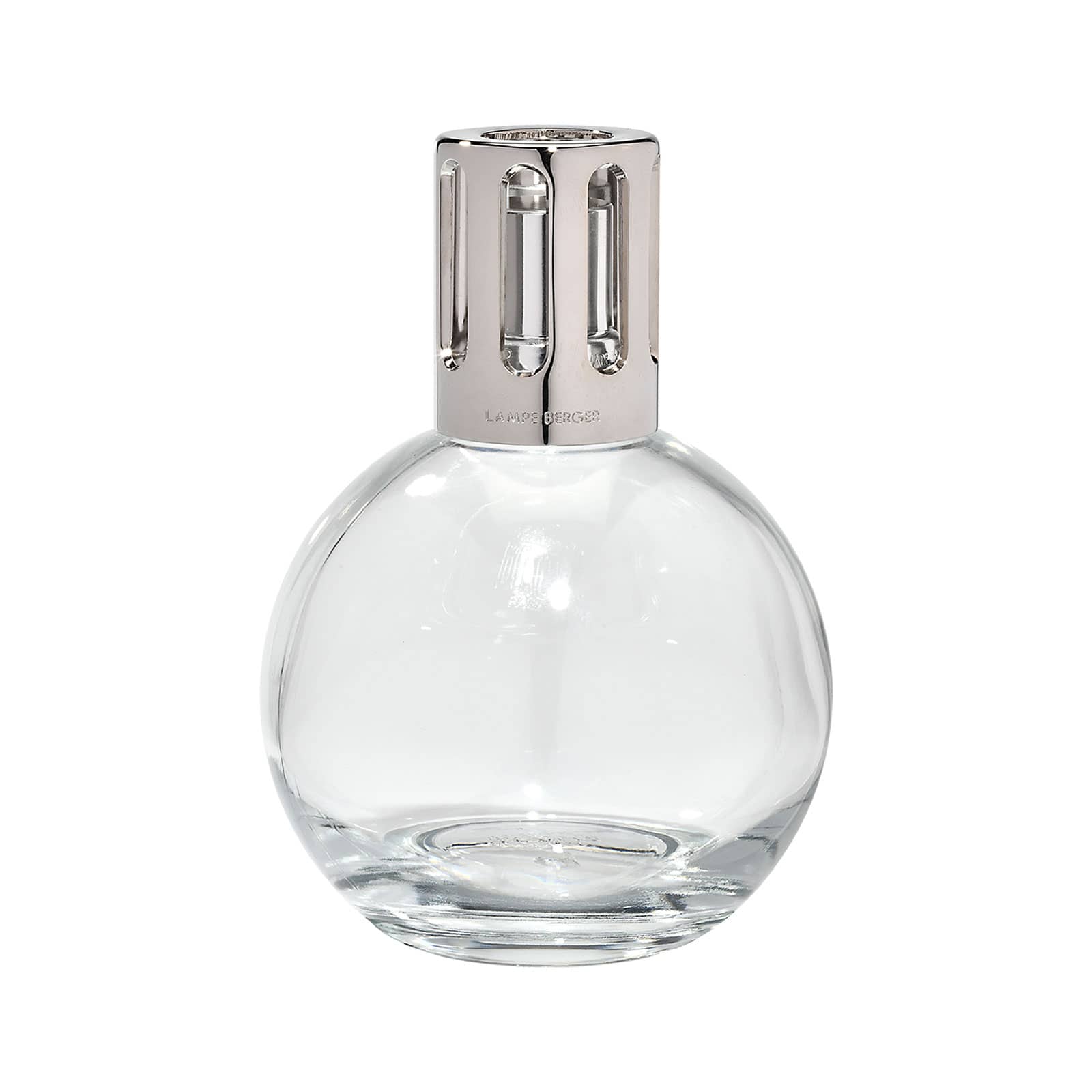 Die Duftlampe Essentielle Ronde besteht aus einem klaren, runden Glaskörper und einer Schutzkrone aus silbernem Metall.