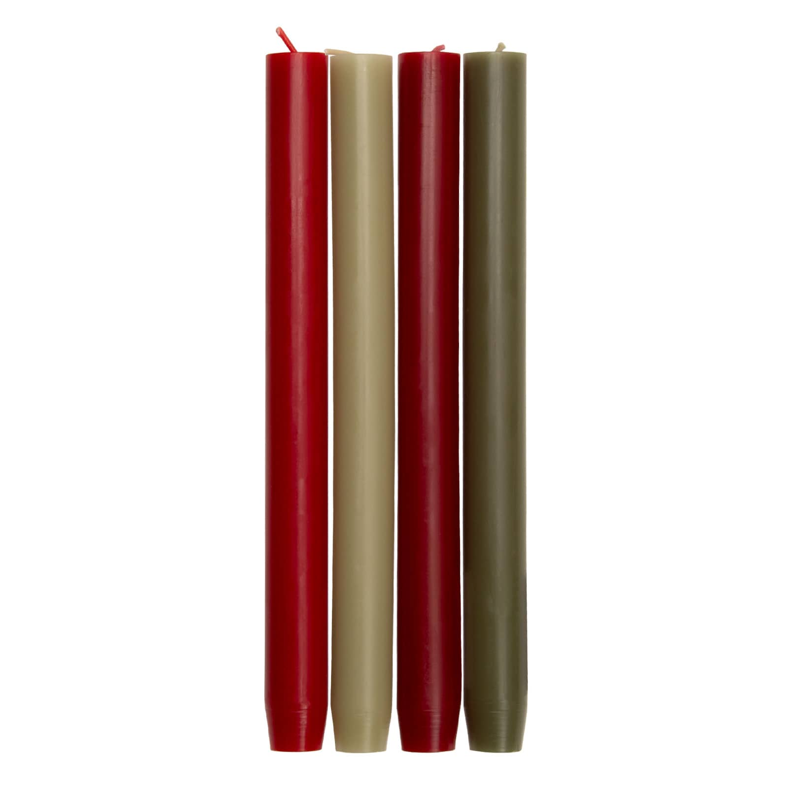 Das Stabkerzen Merry Christmas Mix von Engels Kerzen besteht aus vier Stabkerzen. Diese haben je zwei Grüntöne und zwei Rottöne.