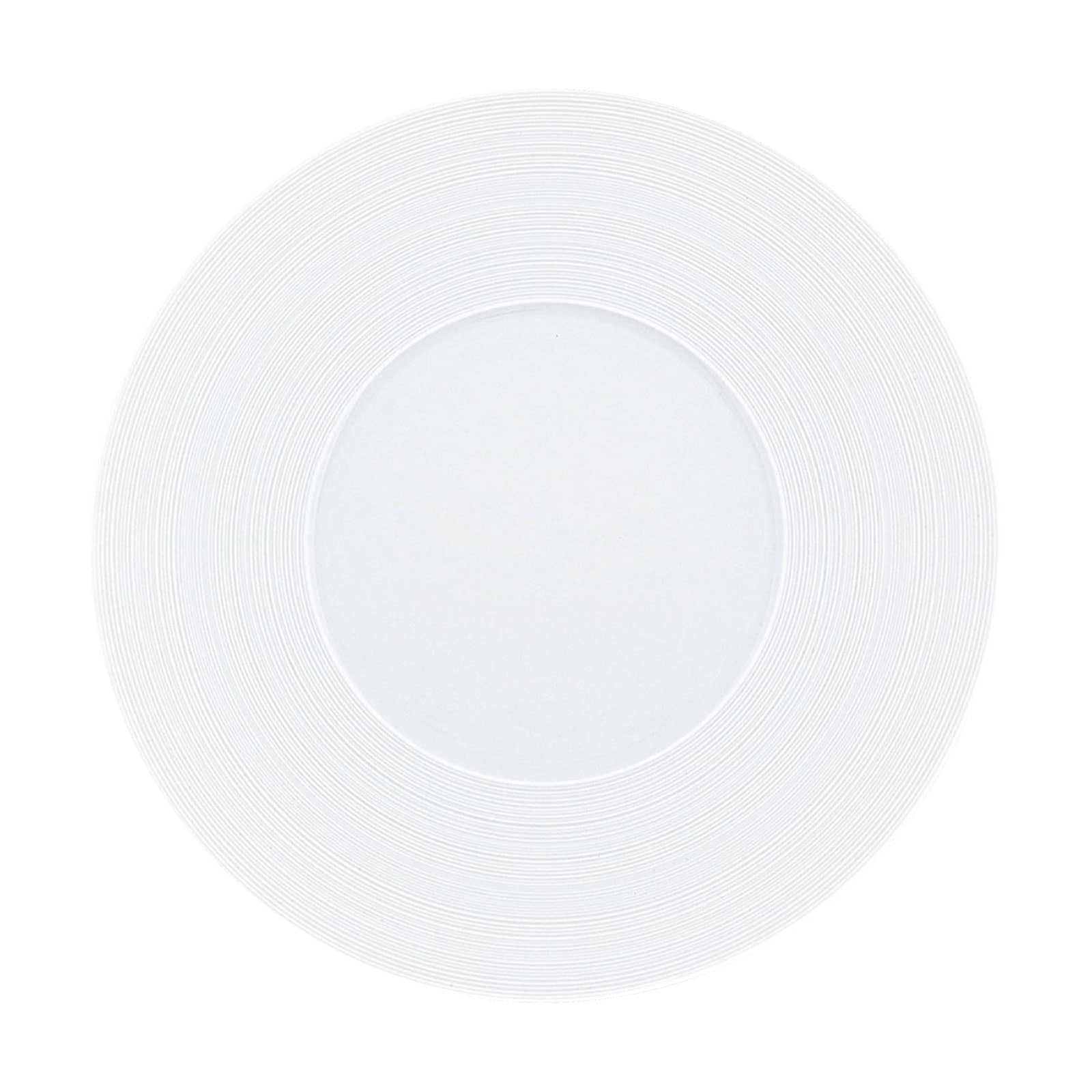 Der Hémisphère Satin white Speiseteller von Coquet ist ein weißer Porzellanteller mit mattem Rillen-Finish auf der Fahne.