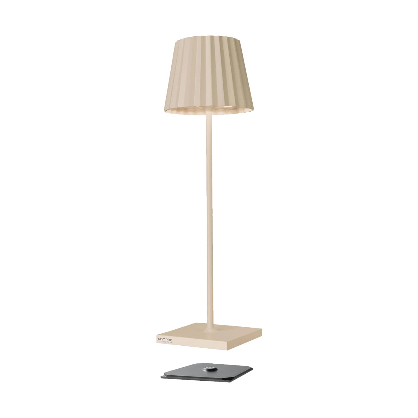 Moderne beige Akku Tischleuchte mit Plissee-Schirm von Sompex für stilvolle Indoor- und Outdoor-Beleuchtung.