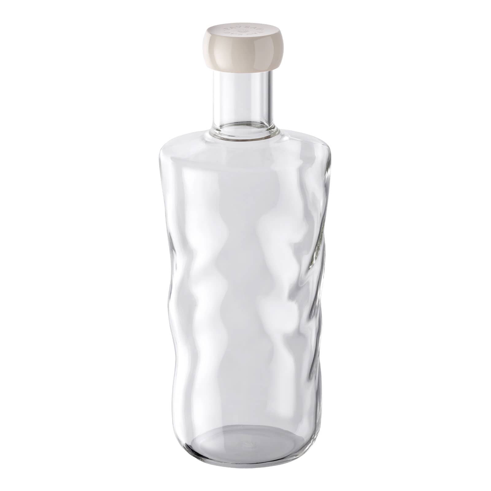 Die Swirl Wasserflasche ist eine Glasflasche mit weißem Kunststoffdeckel.