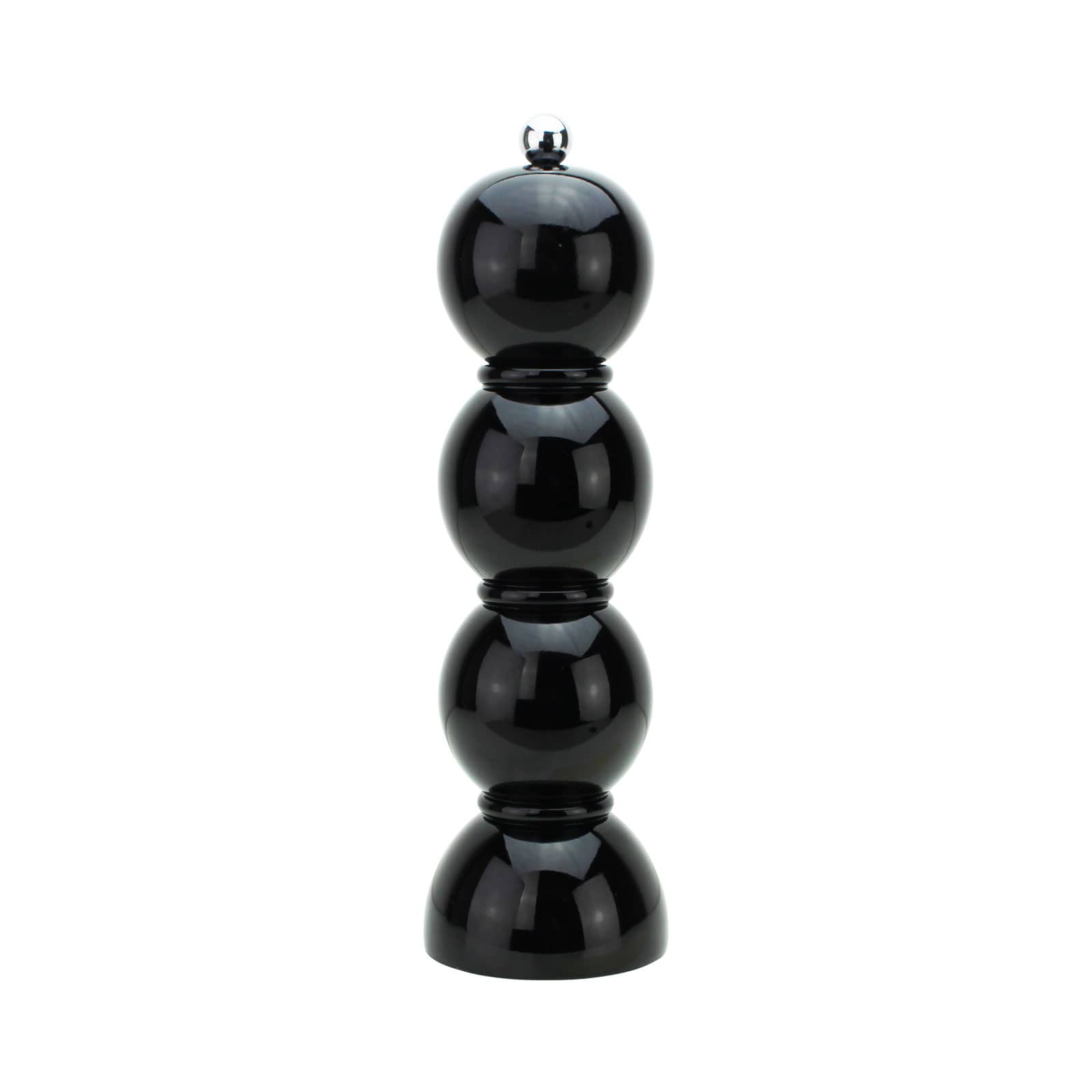 Die Bobbin Salz- und Pfeffermühle 24cm schwarz von Addison Ross ist geformt aus drei Kugeln und auf einem halbkugelförmigen Fuß. Diese bestehen aus lackiertem Holz. Obendrauf befindet sich ein kugelförmiger Edelstahlknopf.