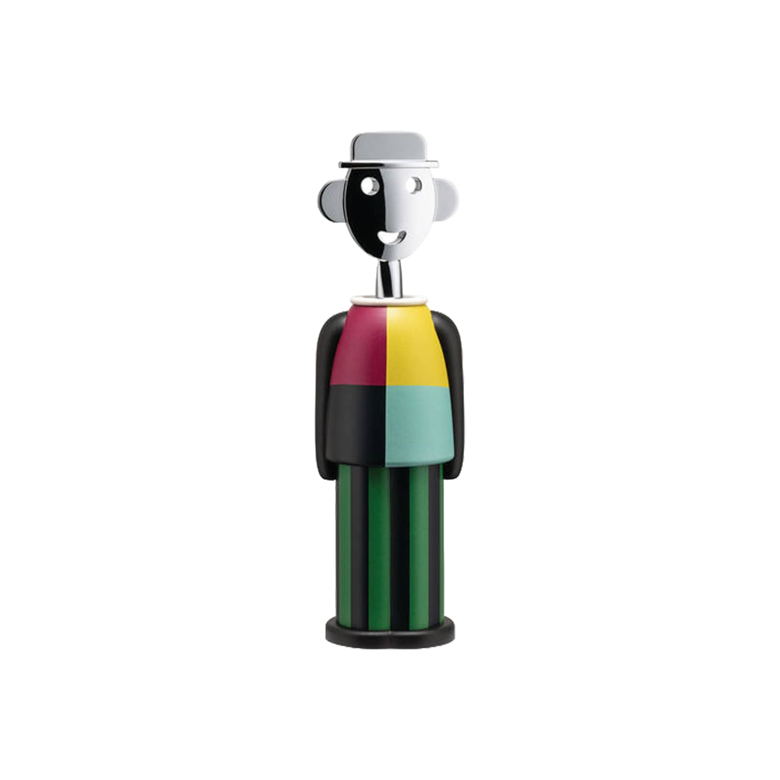 Alessi Alessandro M. Korkenzieher in Regenbogenfarben von Alessandro Mendini vor weißem Hintergrund.
