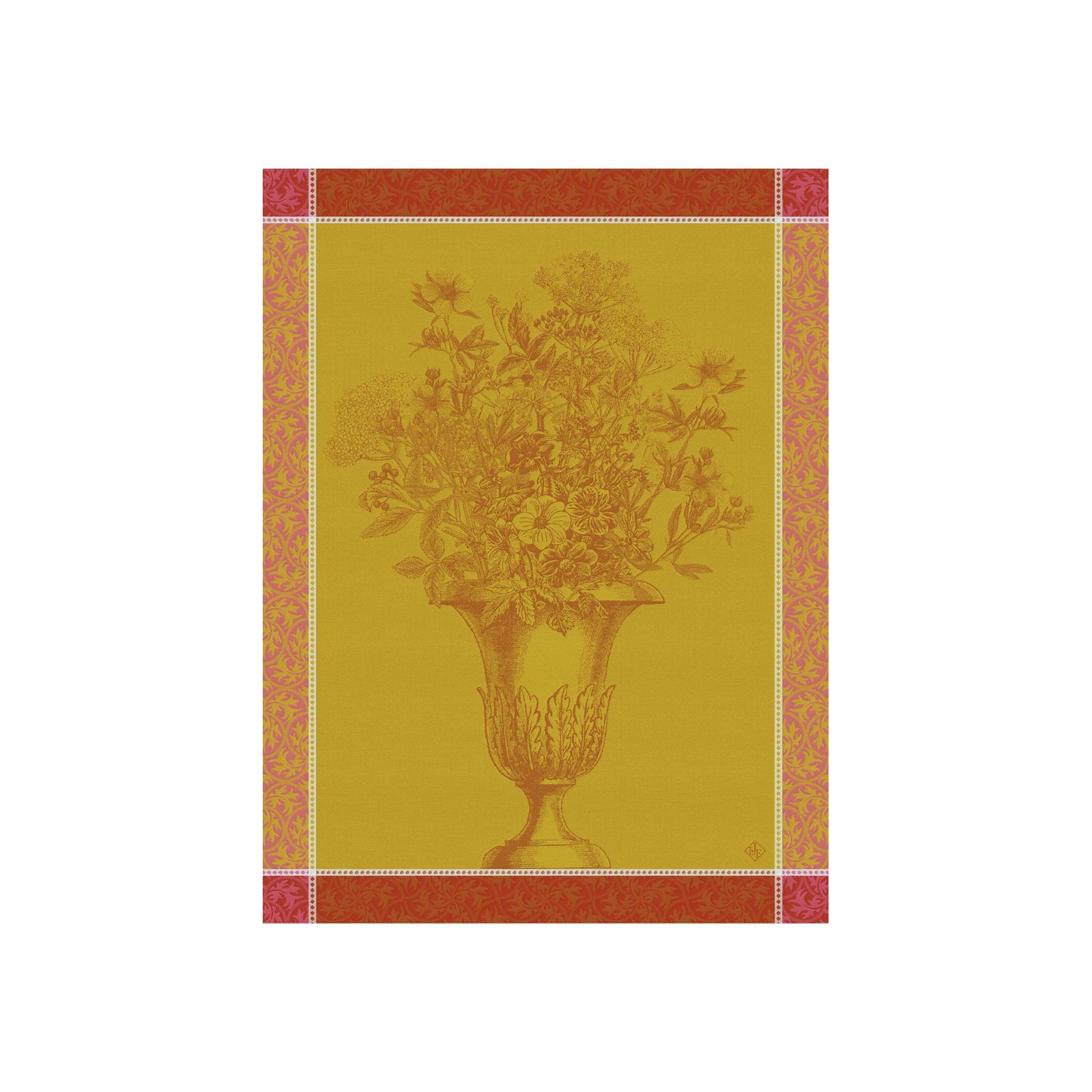 Das Geschirrtuch Floraison Uni von Le Jacquard Francais besteht aus Damast in Rot und Gelbgrün. Das eingewebte Bild zeigt einen BLumenstrauß in einer Vase.