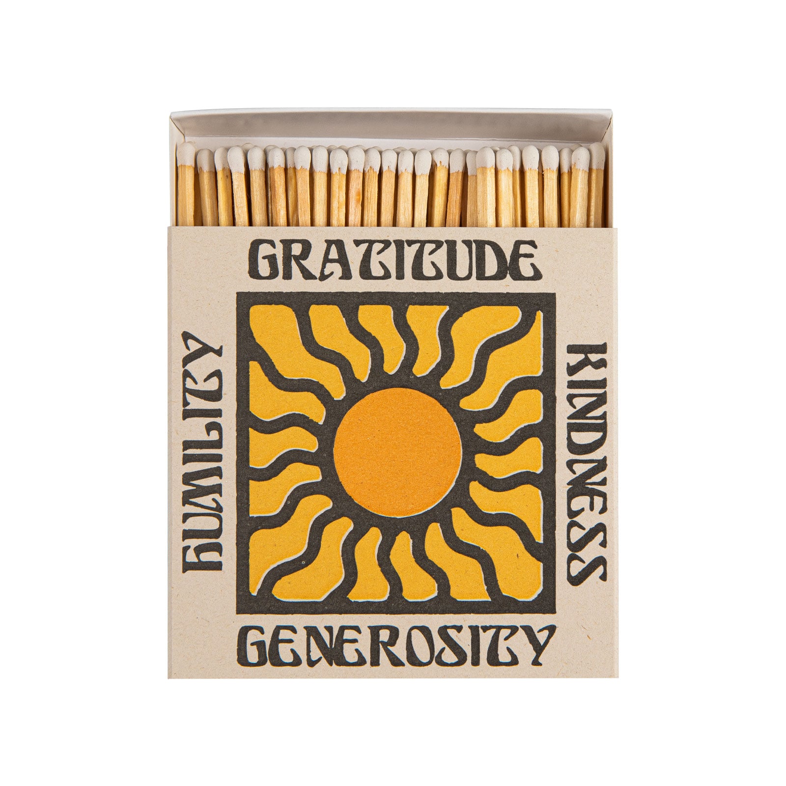 Abgebildet auf der Packung der Streichhölzer Gratitude and Kindness von Archivist sind eine stilisierte Sonne und die Wörter gratitude, kindness, generosity und humility.