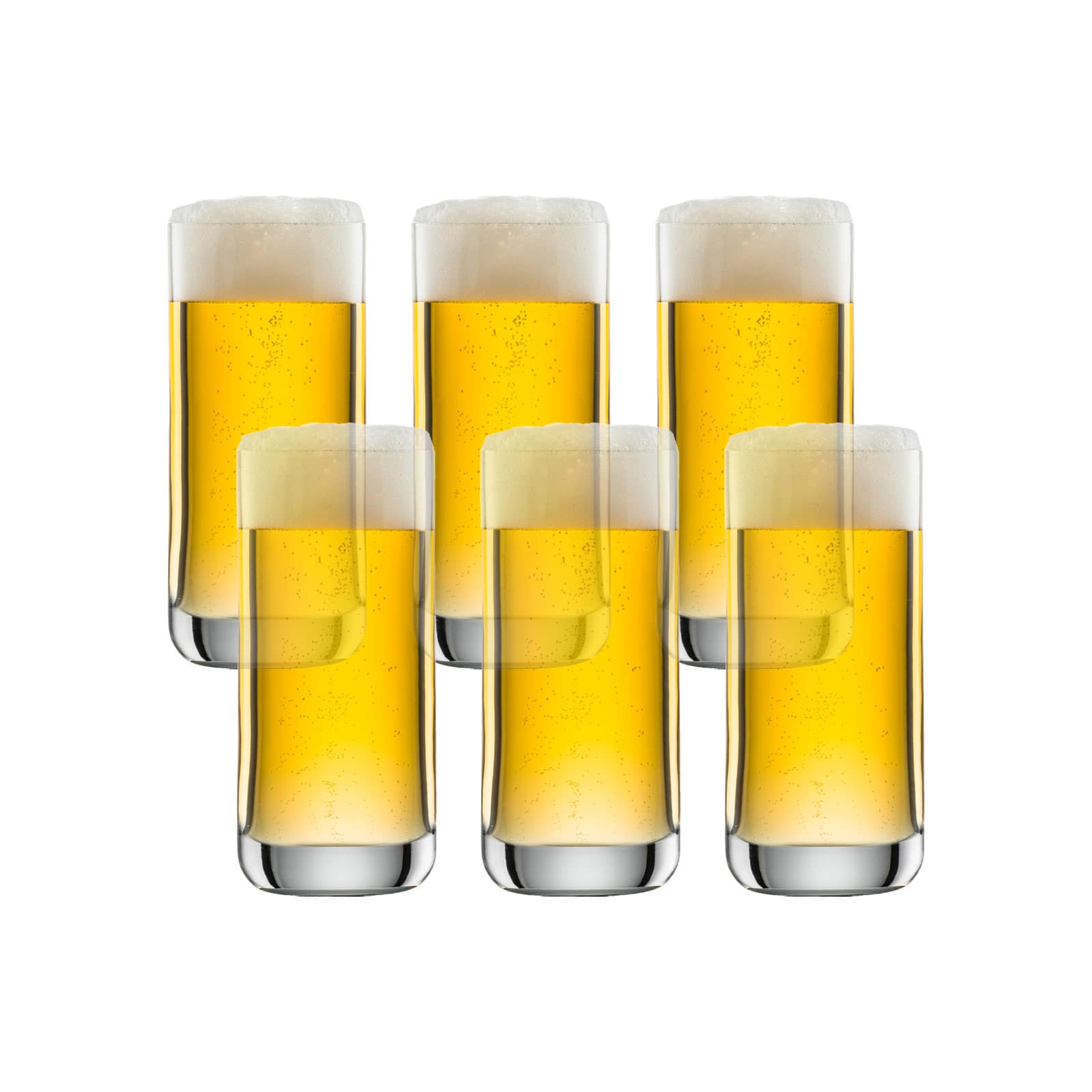 Versetzt stehen sechs Biergläser hinter- und Nebeneinander. Die Simple Bierbecher von Schott Zwieselsind zylindrisch mit leicht abgerundetem Boden.