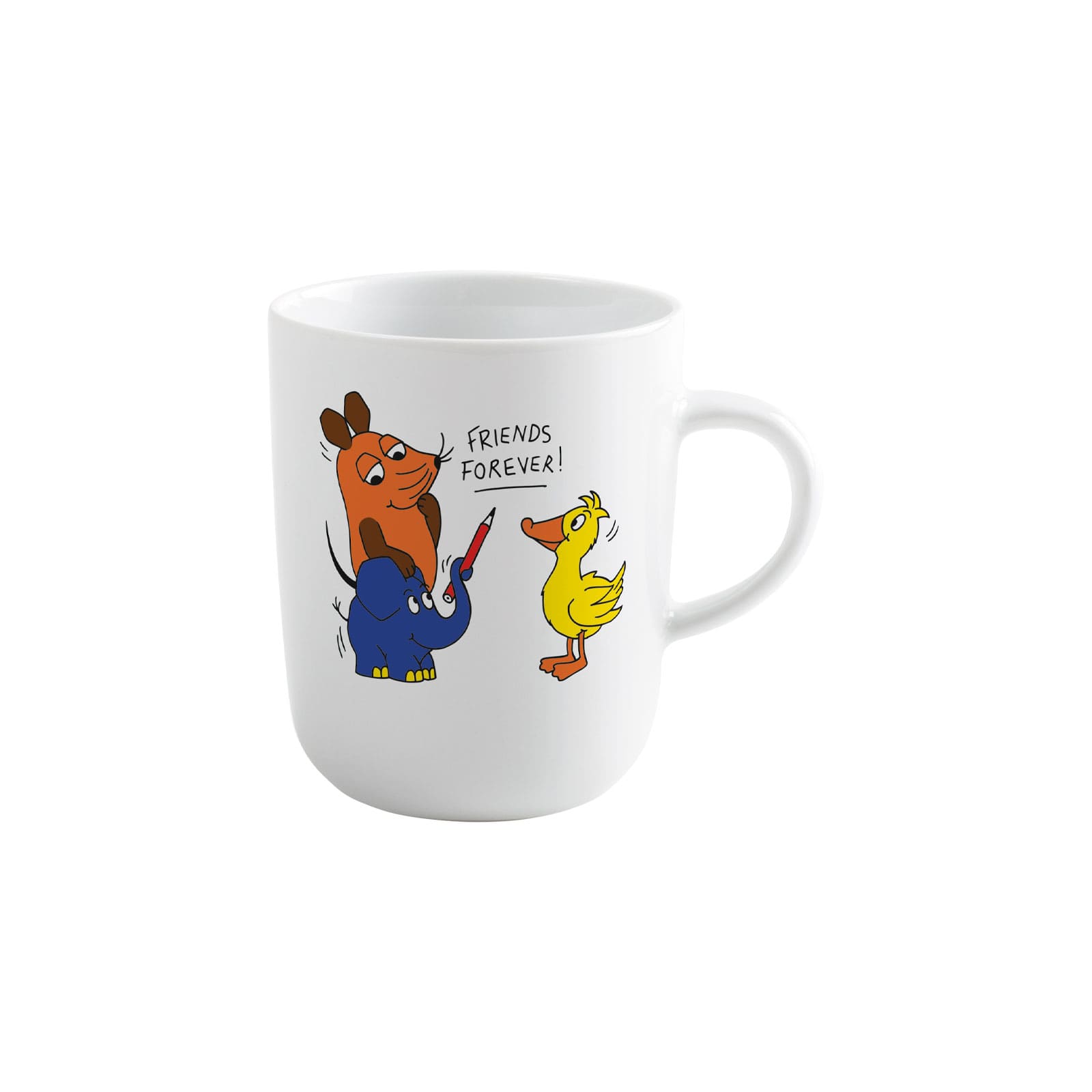 Der DieMaus Becher Friends Forever ist ein Henkelbecher aus weißem Porzellan. Darauf abgebildet sind die Charaktere aus der Sendung mit der Maus, wie sie einander umarmen. Über ihnen der Schriftzug: "Friends Forever"