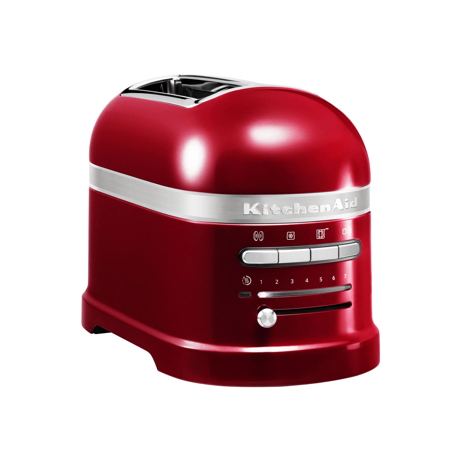 Der Artisan Toaster in liebesapfelrot von KitchenAid hat ein metallisch-rot glänzendes Gehäuse. Er kann über verschiedene Programmknöpfe und einen Zeitregler bedient werden.
