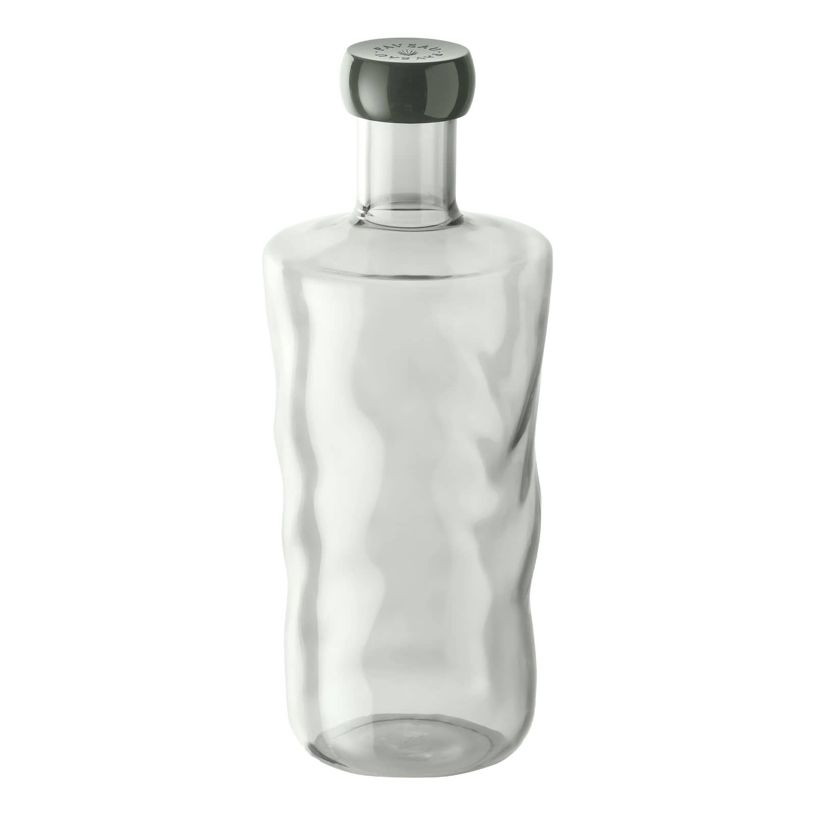 Die Swirl Wasserflasche in Mist von Paveau ist eine rauchgraue Glasflasche mit gleichfarbigem Kunststoffdeckel.
