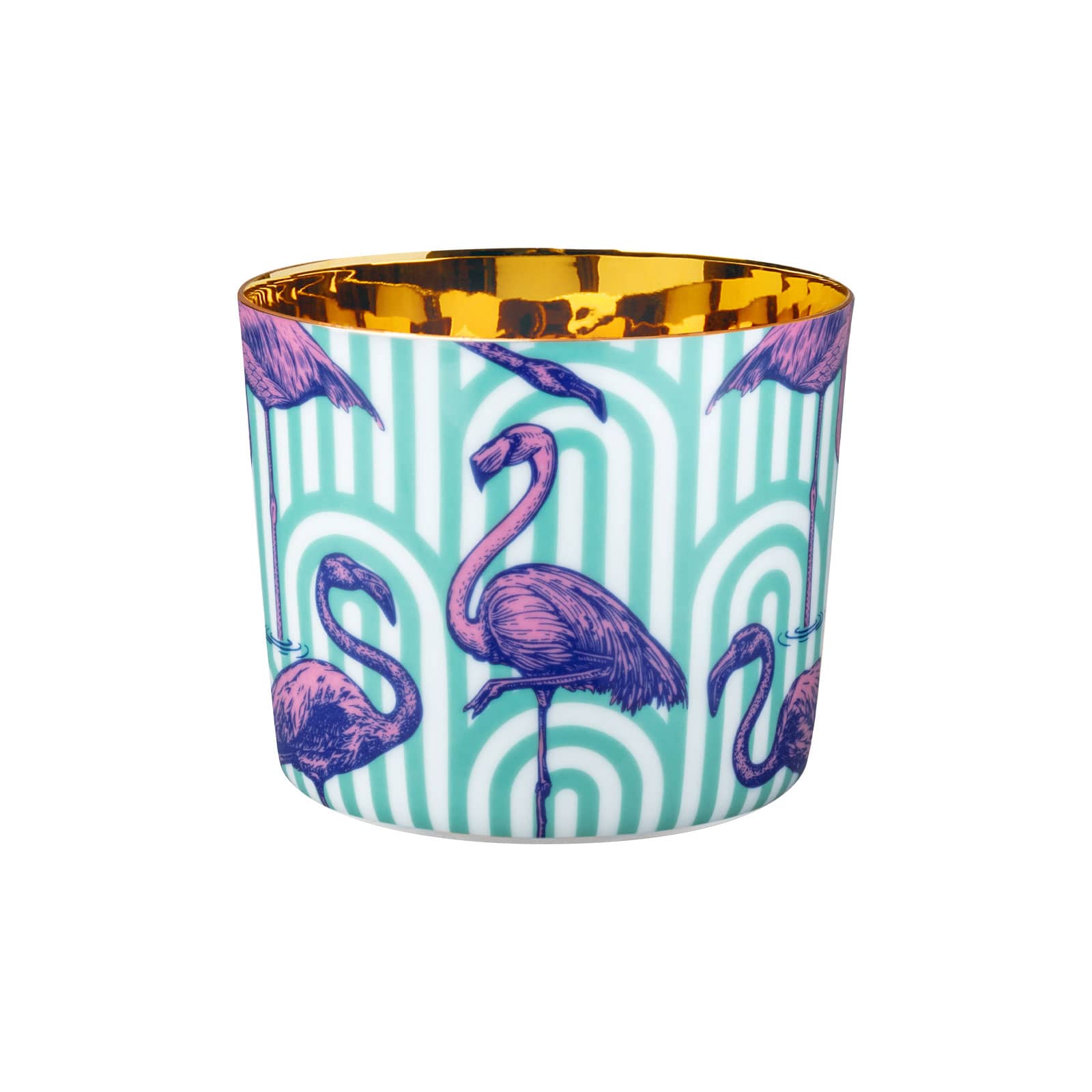 Der Sieger Champagnerbecher Beautiful Creatures The Flamingos ist innen vergoldet und zeigt außen im Pop-Art-Stil Flamingos vor einem türkisen Bogenmuster.