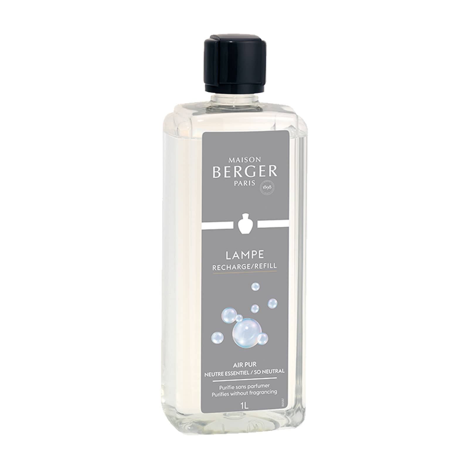 Das Parfum Air Pur für die Maison Berger Duftlampe befindet sich in einer klaren Plastikflasche mit einem dunklen Schraubdeckel.