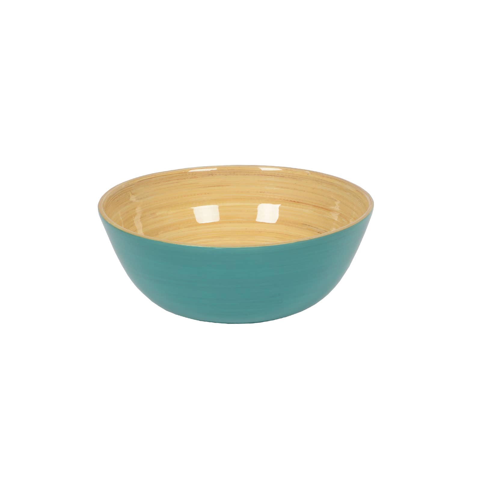 Die glänzend lackierte Bambus-Schüssel flach 18cm hellblau ist außen blau und zeigt innen das schöne Holz.