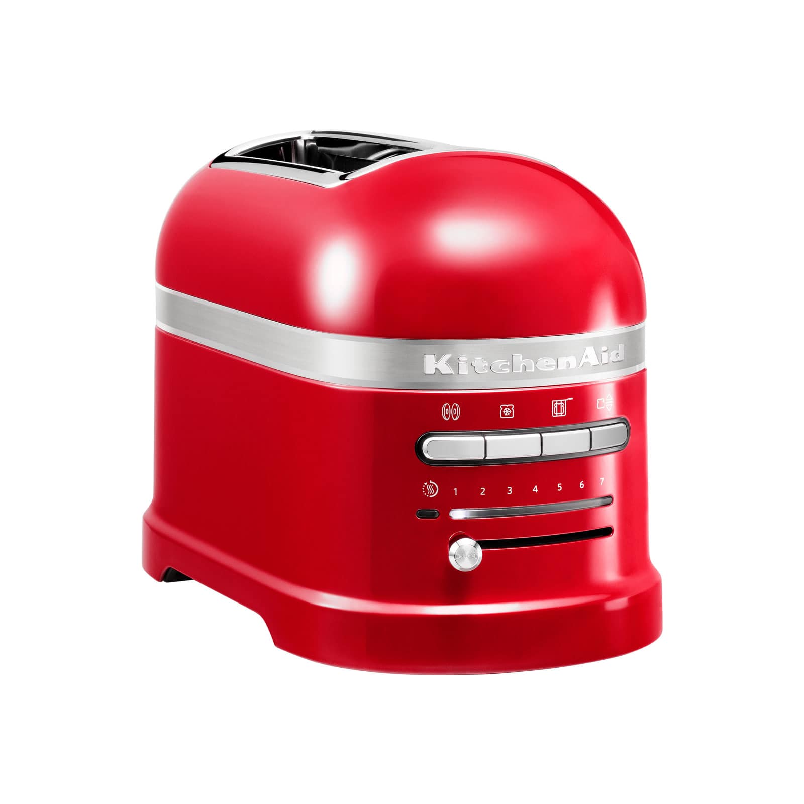 Der Artisan Toaster in empire rot von KitchenAid hat ein feuerwehrrotes Metallgehäuse. Er kann über verschiedene Programmknöpfe und einen Zeitregler bedient werden.