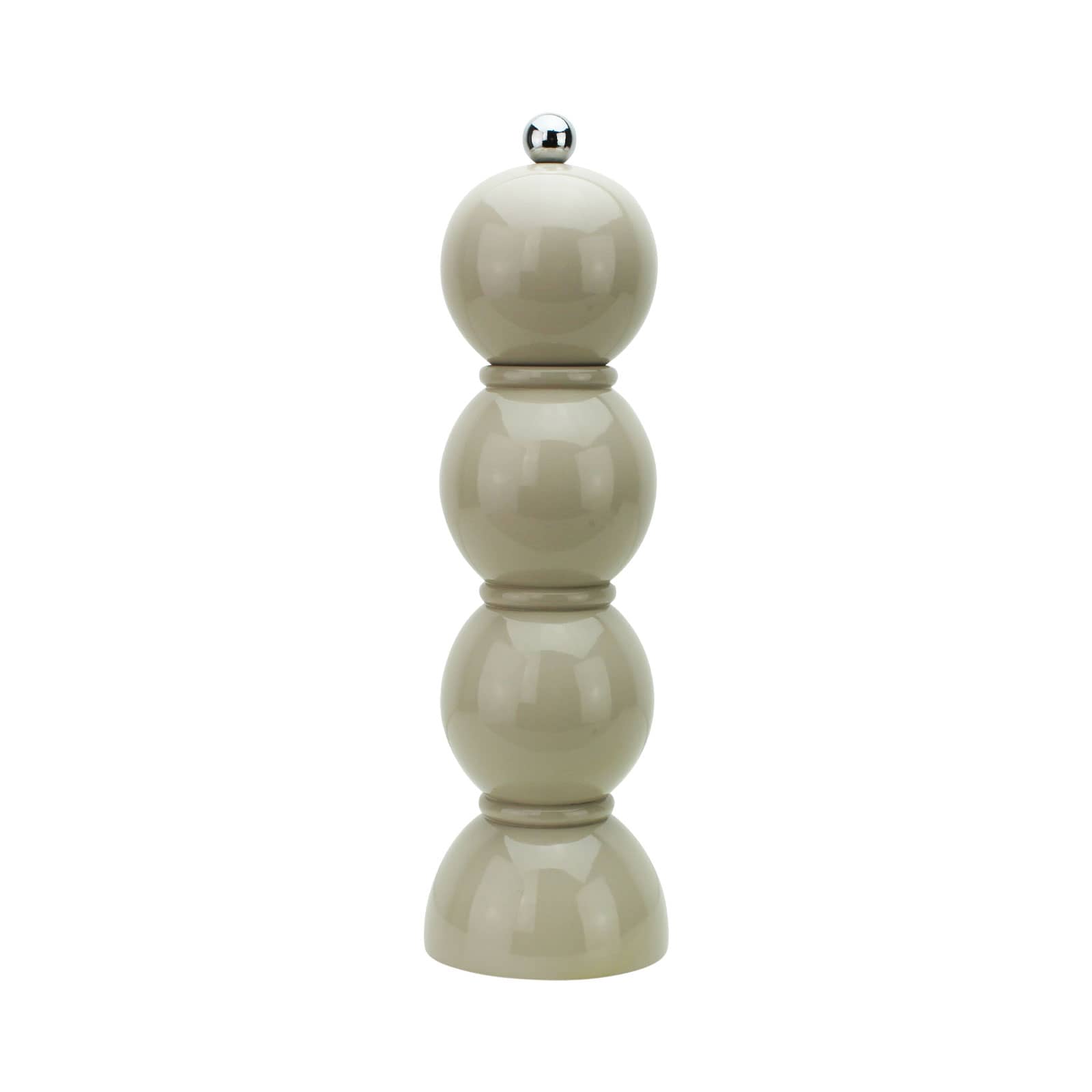 Die Bobbin Salz- und Pfeffermühle 24cm cappuccino von Addison Ross ist geformt aus drei Kugeln und auf einem halbkugelförmigen Fuß. Diese bestehen aus lackiertem Holz. Obendrauf befindet sich ein kugelförmiger Edelstahlknopf.