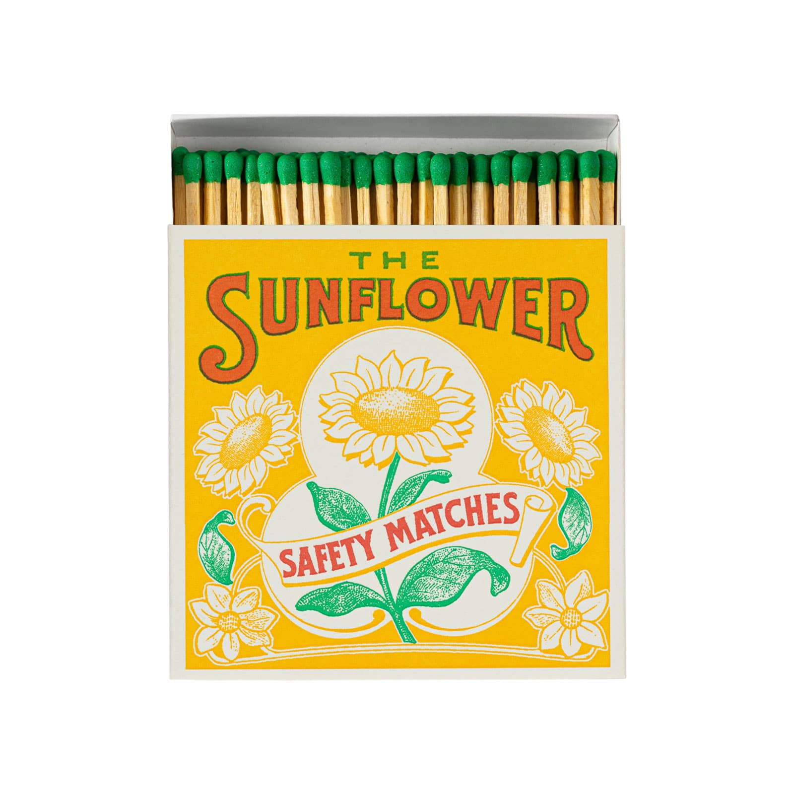 Auf der Packung der Streichhölzer Sunflower von Archivist ist im Stil eines Vintage-Posters eine Sonnenblume abgebildet. Die leicht geöffnete Packung zeigt grüne Streichholzköpfe.