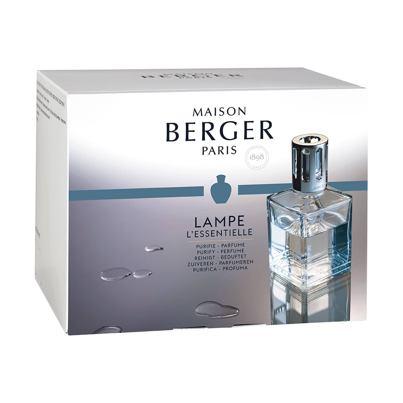 Auf dem Karton des Starter-Sets mit der Duftlampe Essentielle Carée von Maison Berger befindet sich eine schöne Abbildung der Lampe.