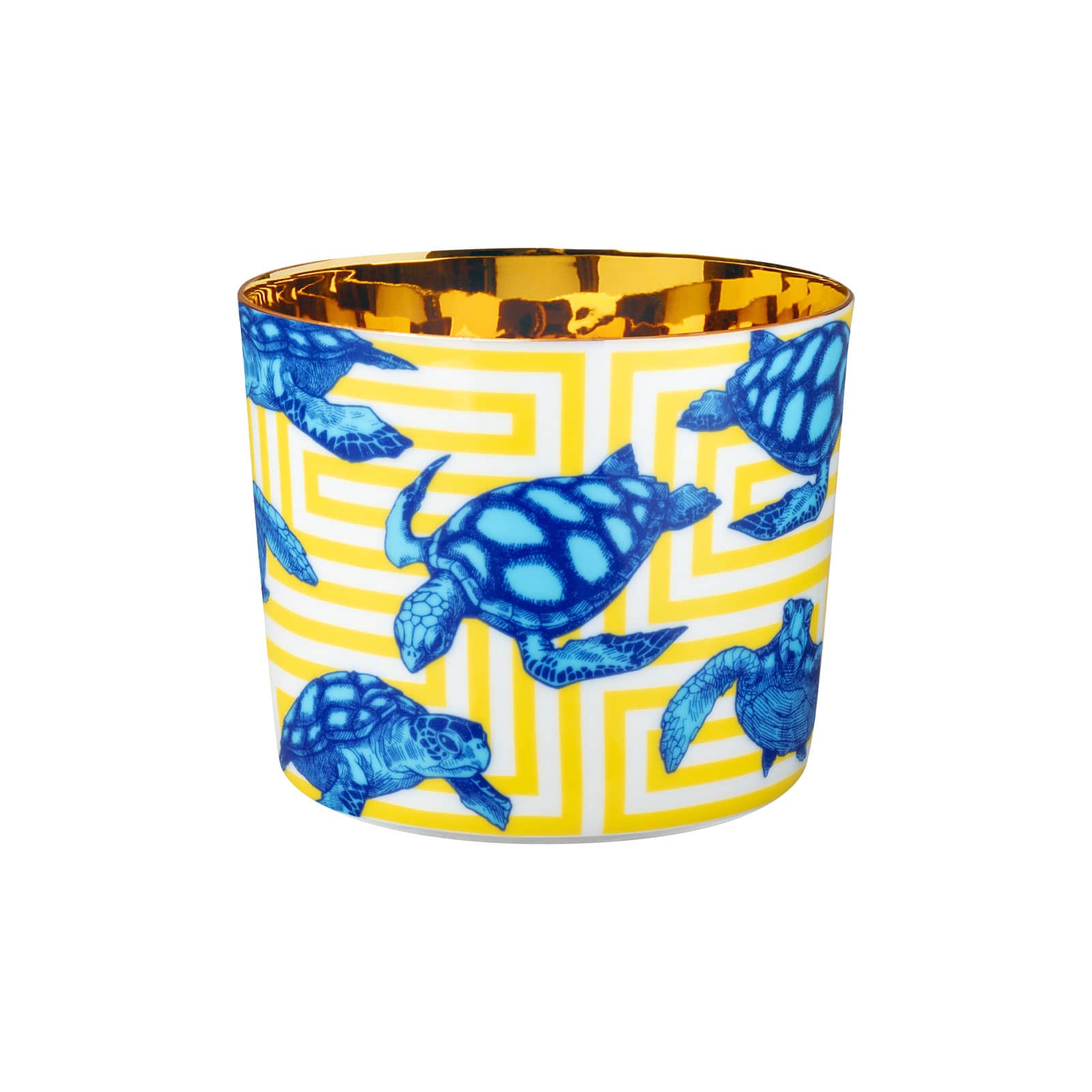 Der Sieger Champagnerbecher Beautiful Creatures The Turtles ist innen vergoldet und zeigt außen Schildkröten im Pop-Art-Stil vor einem gelben Labyrinth-Hintergrund.