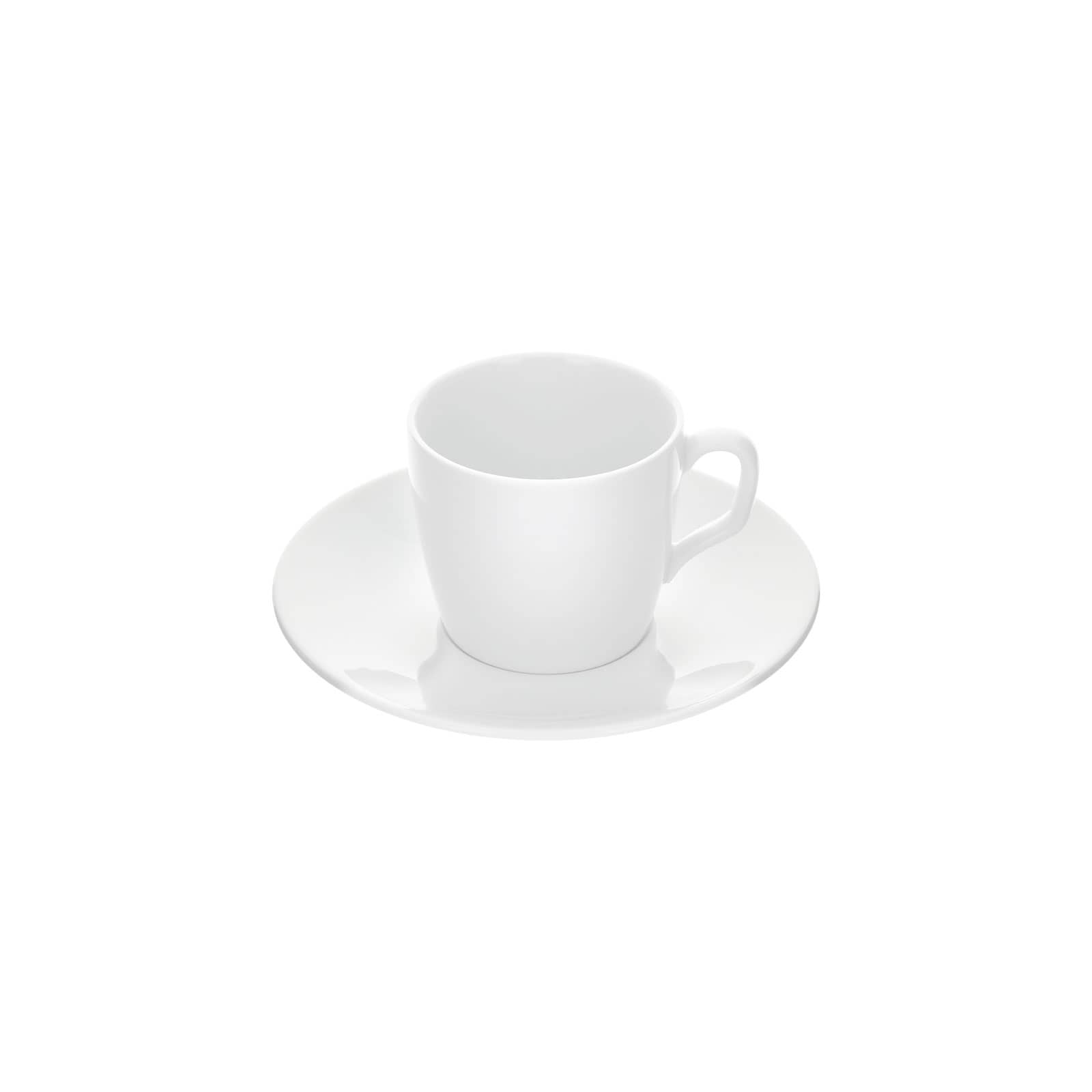 Die Cosmopolitan weiß Espressotasse mit Untertasse ist eine kleine Tasse aus weißem Porzellan mit einer passenden Untertasse.