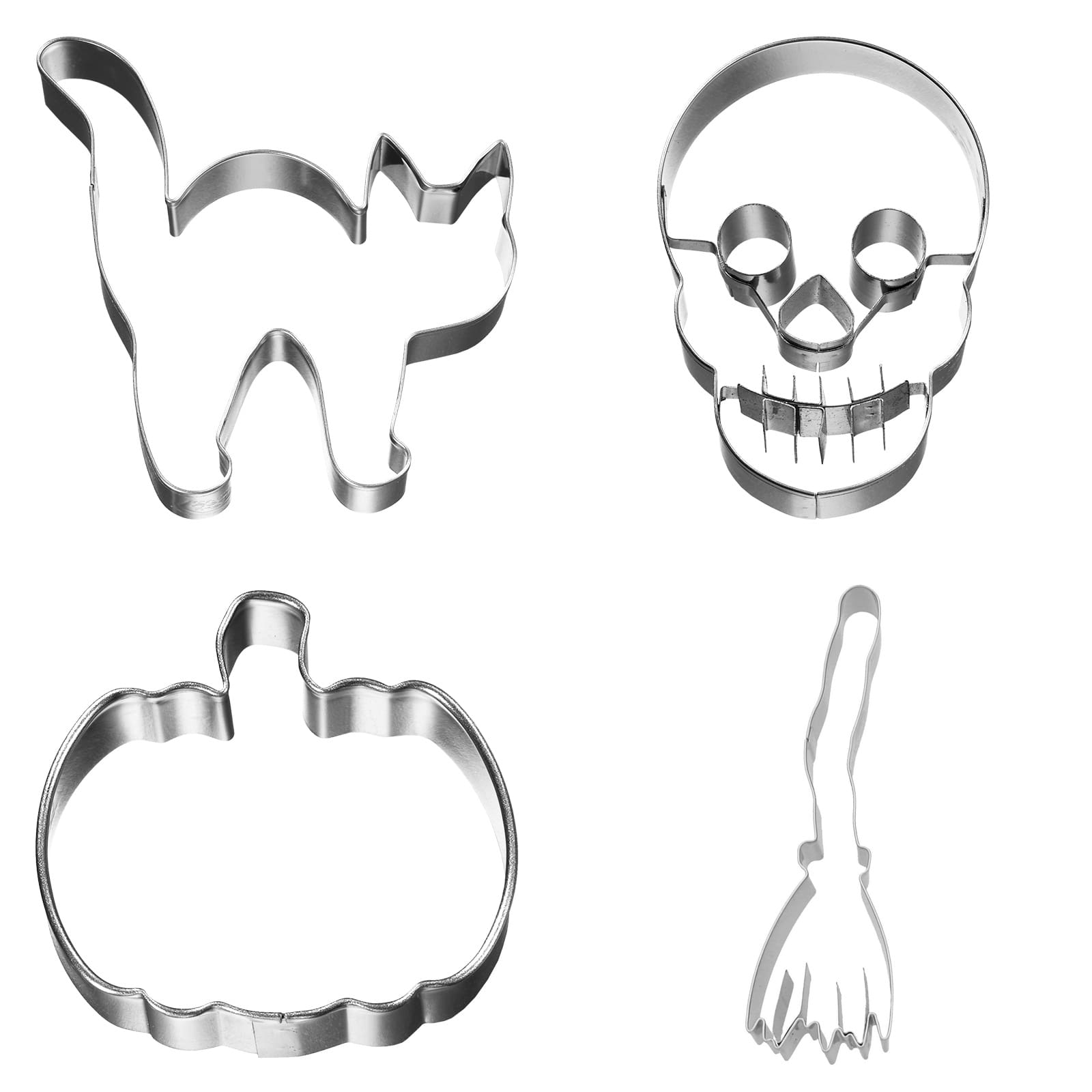 RBV Birkmann Halloween-Ausstechformen-Set aus Edelstahl mit schwarzer Katze, Totenschädel, Kürbis und Hexenbesen.