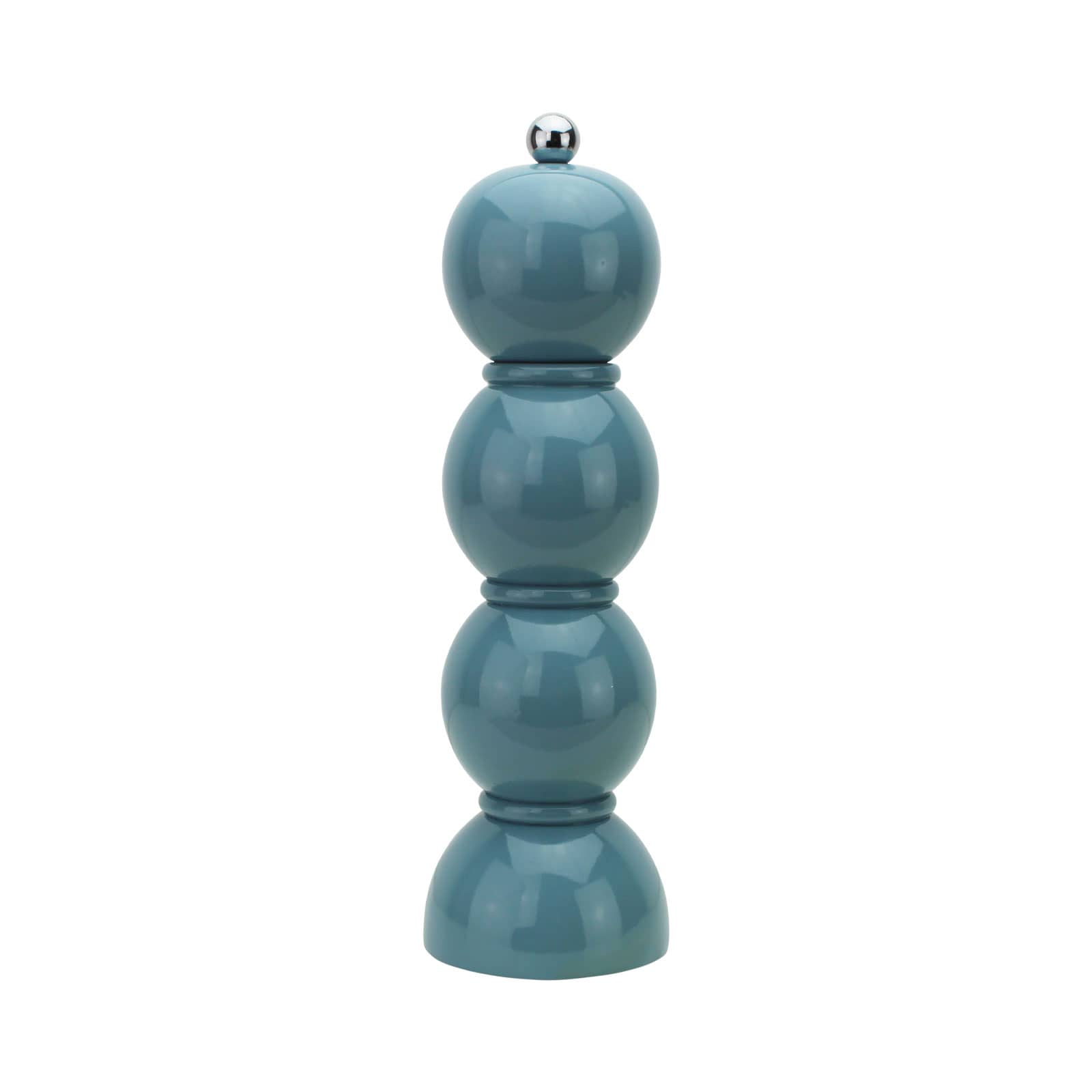 Die Bobbin Salz- und Pfeffermühle 24cm chambrayblau von Addison Ross ist geformt aus drei Kugeln und auf einem halbkugelförmigen Fuß. Diese bestehen aus lackiertem Holz. Obendrauf befindet sich ein kugelförmiger Edelstahlknopf.