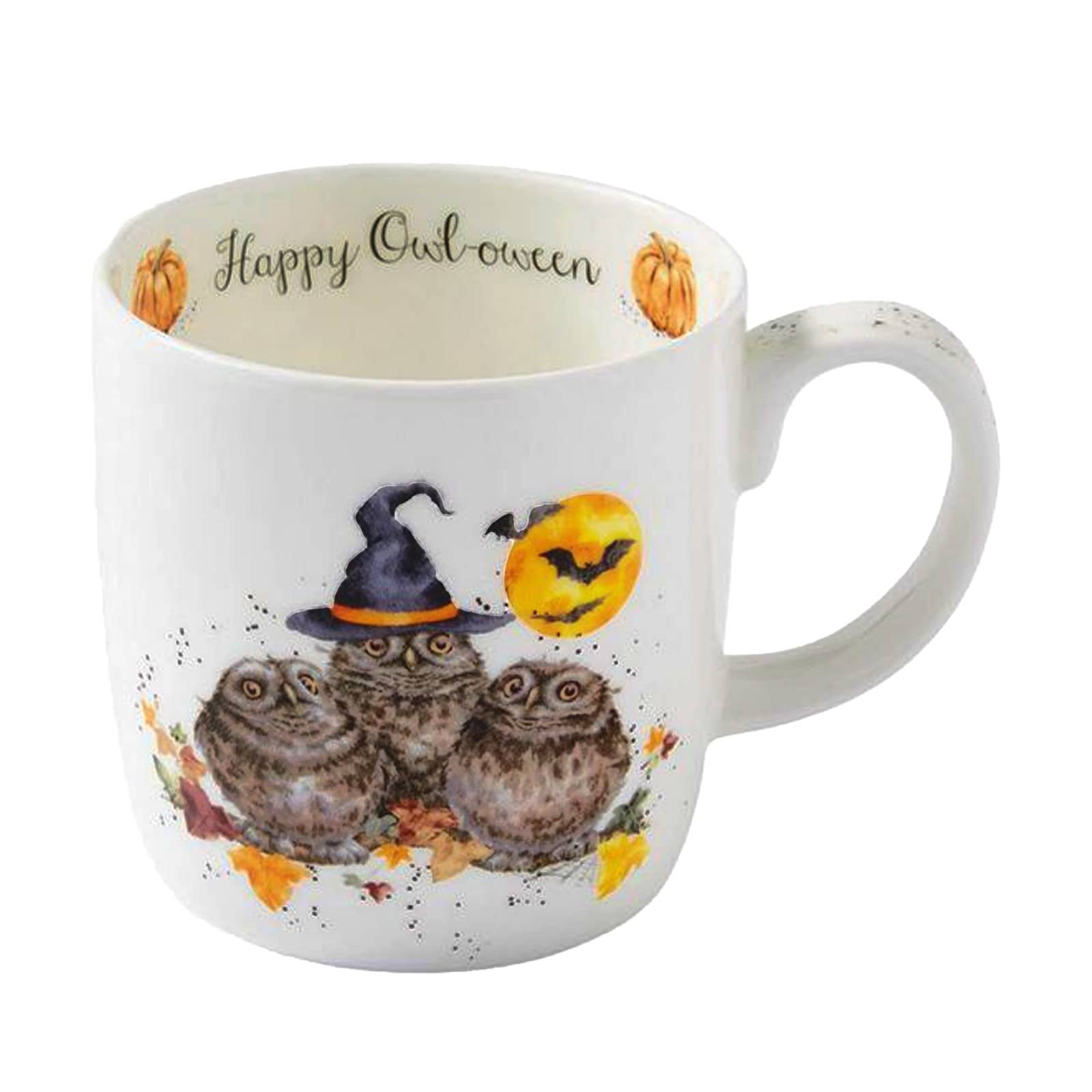 Wrendale Designs Becher Happy Owl-o-ween mit Eulenmotiv, Hexenhut und Halloween-Deko auf weißem Hintergrund.