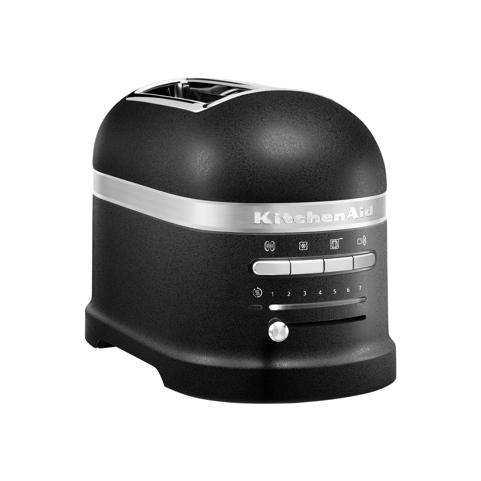Der Artisan Toaster in gusseisen schwarz von KitchenAid hat ein mattschwarzes Metallgehäuse mit einer rauen Oberfläche, die echtem Gusseisen ähnelt. Er kann über verschiedene Programmknöpfe und einen Zeitregler bedient werden.