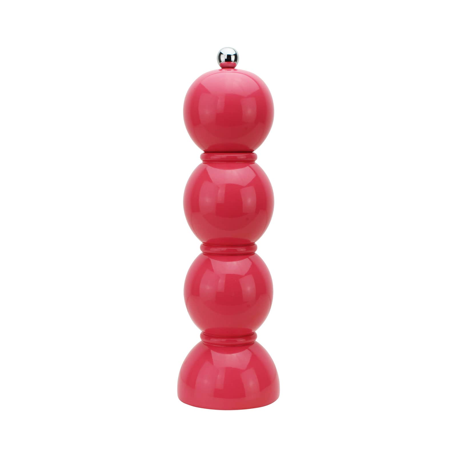 Die Bobbin Salz- und Pfeffermühle 24cm wassermelonenrosa von Addison Ross ist geformt aus drei Kugeln und auf einem halbkugelförmigen Fuß. Diese bestehen aus lackiertem Holz. Obendrauf befindet sich ein kugelförmiger Edelstahlknopf.