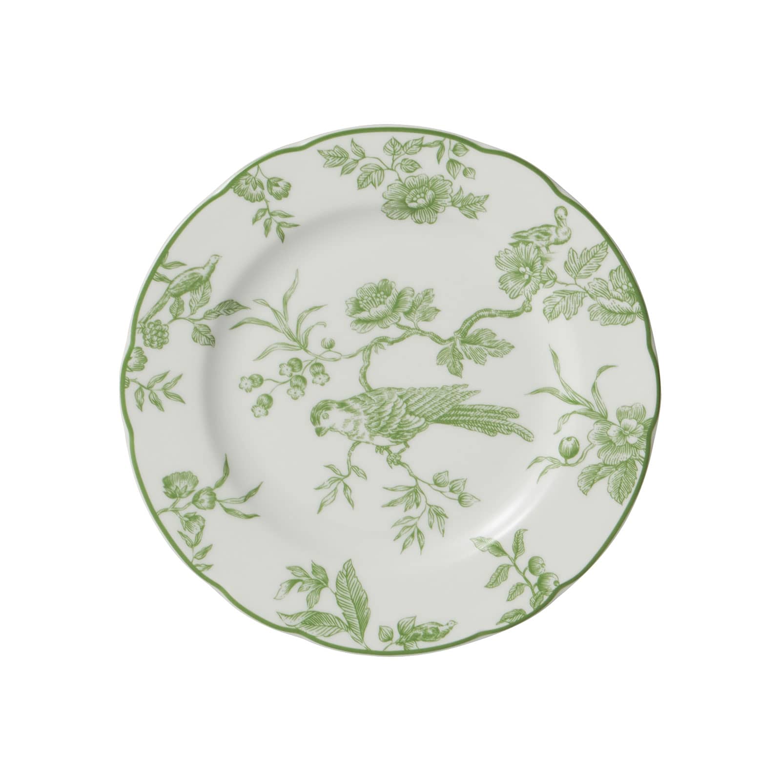 Der Albertine Brotteller von Bernardaud ist ein weißer Porzellanteller mit einem grünen Rand und grünem Toile-de-Juoy Muster.