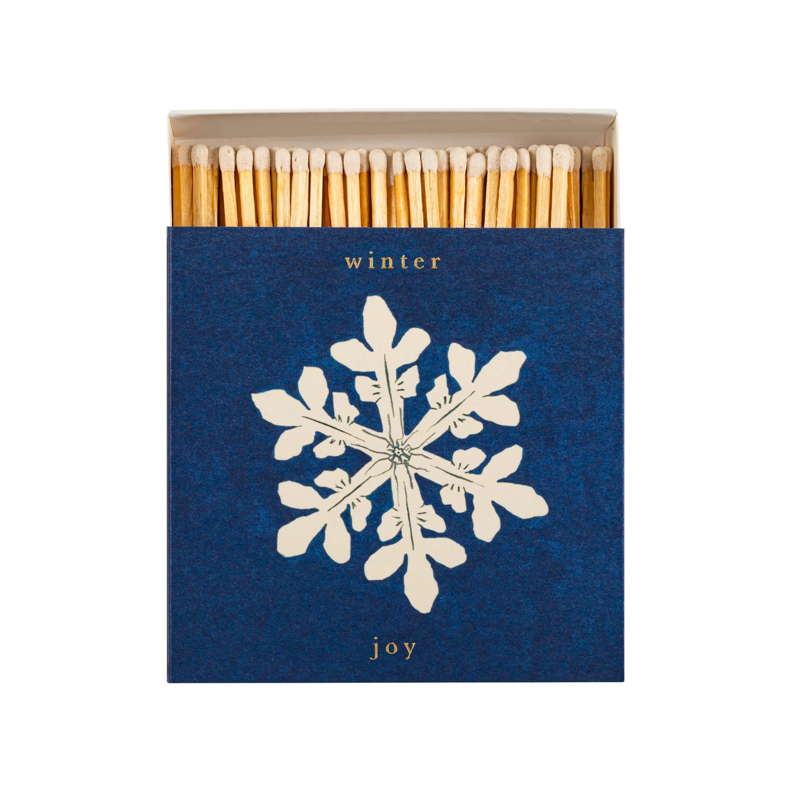Die geöffnete Schachtel der Streichhölzer Winter Joy von Archivist zeigt ein Schneeflockenmotiv und weiße Streichholzköpfe.