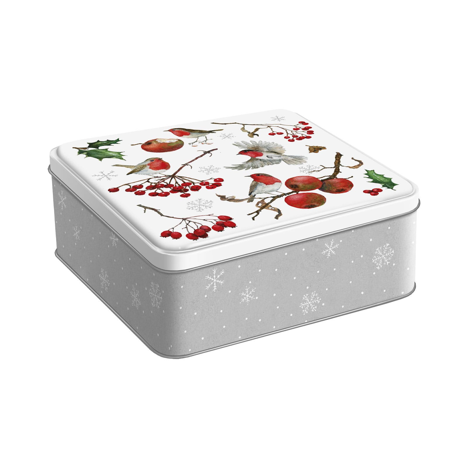 Die Plätzchendose Frostige Beeren ist eine quadratische weiße Blechdose mit einem Motiv aus roten Beeren und Rotkehlchen auf dem Deckel.