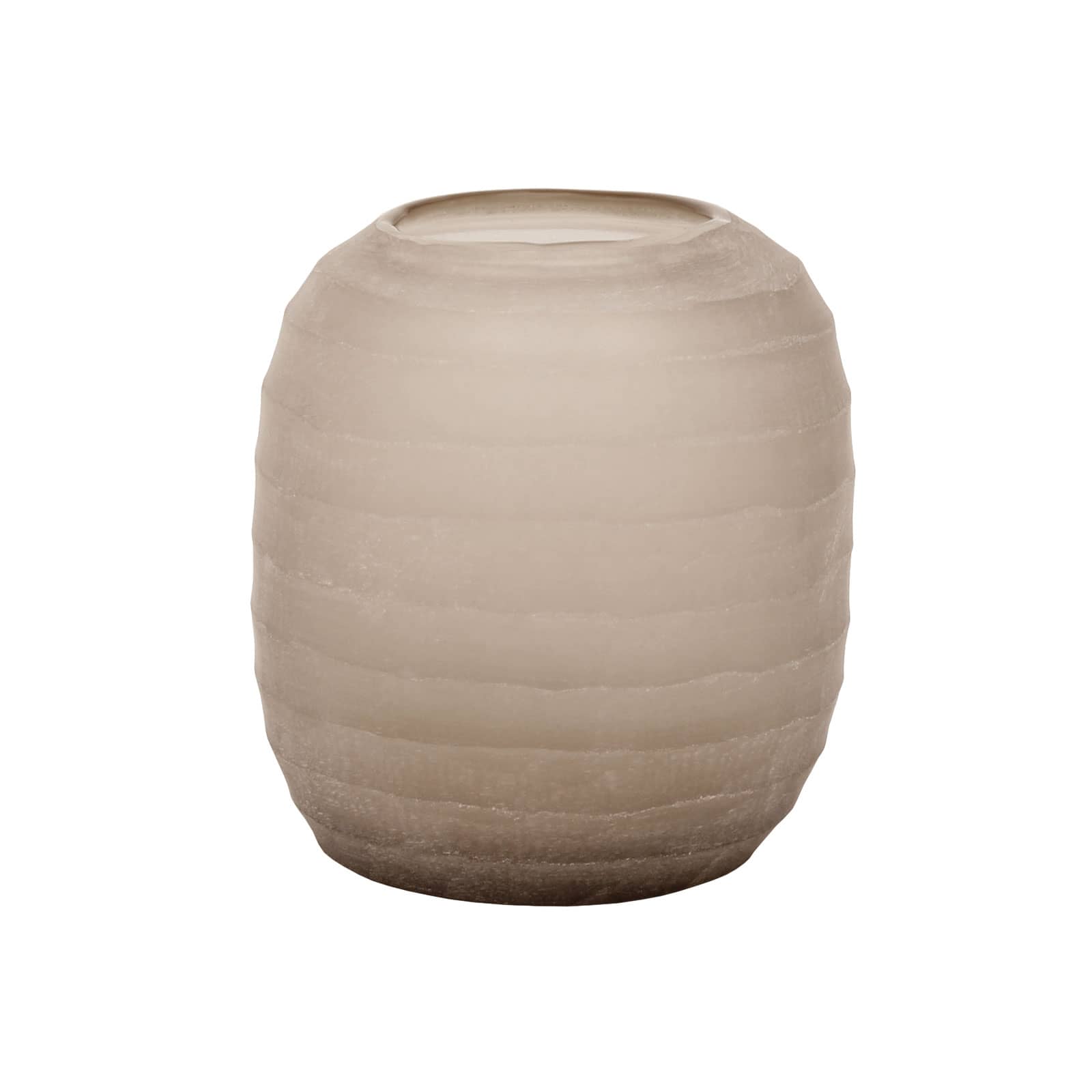 Die Belly Vase L smokegrey von Guaxs besteht aus rauchgrauem Glas. Auf der handgeschliffenen Oberfläche befinden sich horizontale Rippen.