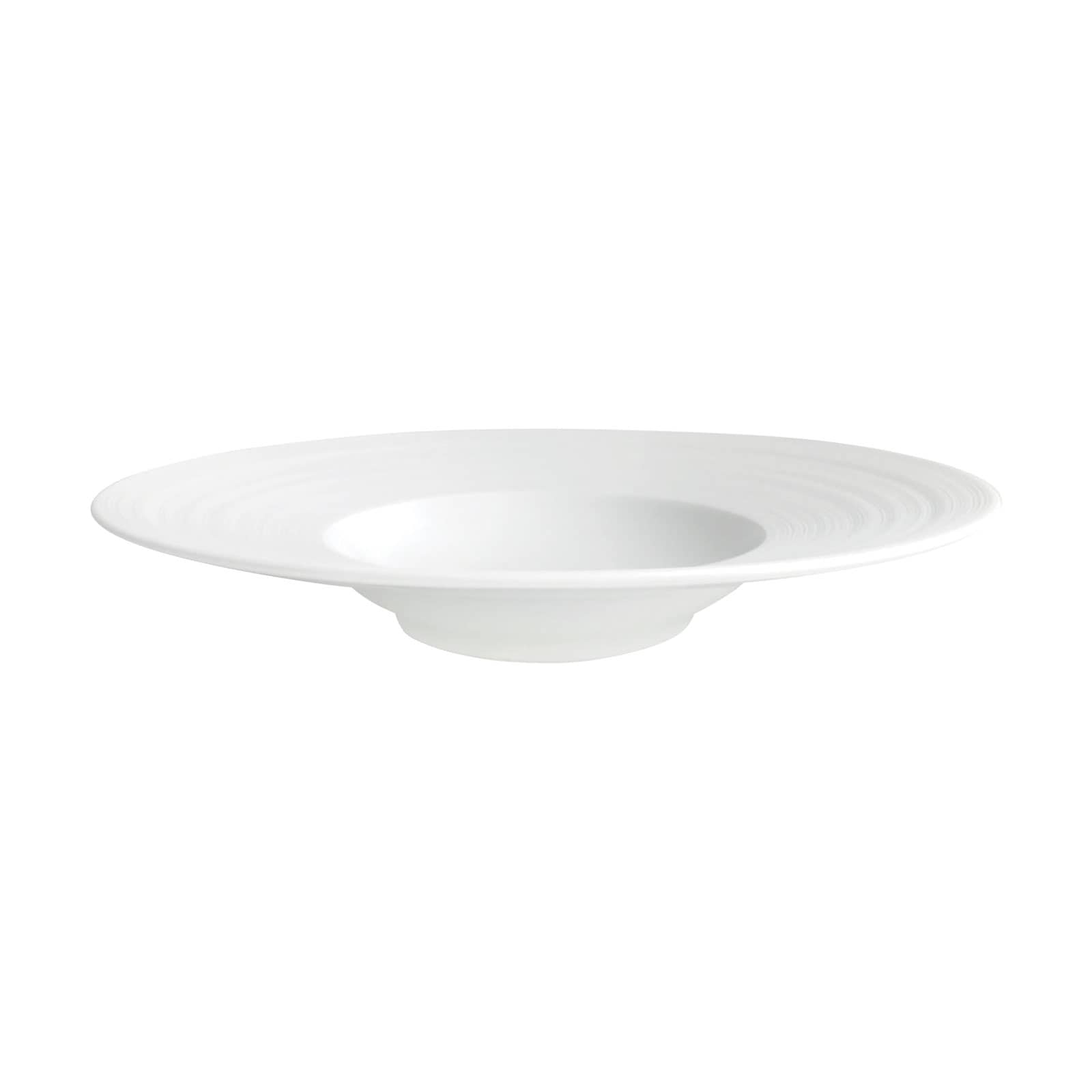 Der Hémisphère Satin white Suppenteller 27cm von Coquet ist ein tiefer Teller aus weißem Porzellan mit einem matten Rillen-Finish auf der Fahne.