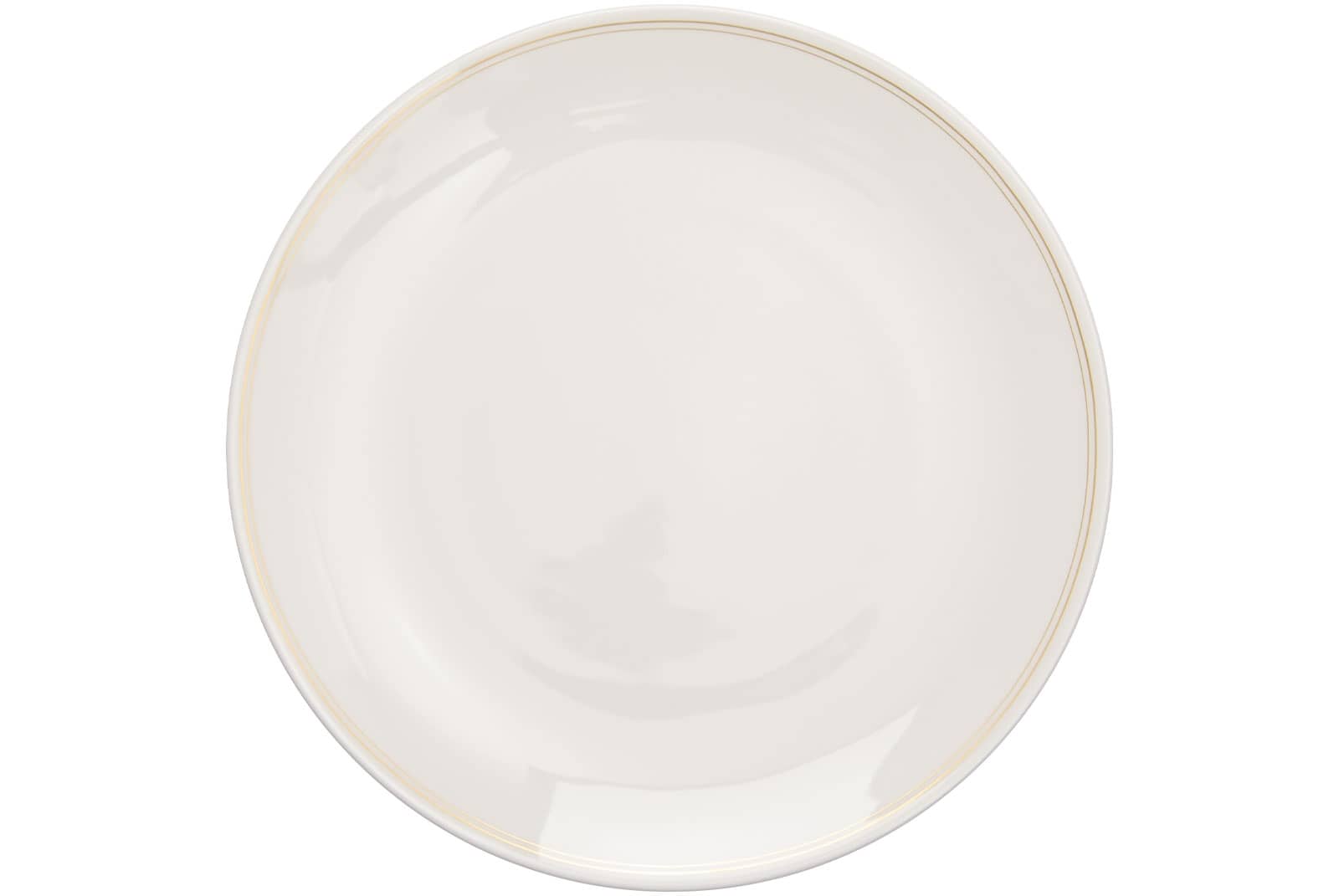 Der Lines Pure Frühstücksteller 28cm gold von Dibbern ist ein weißer Porzellanteller mit zwei goldenen Linien um den Rand.
