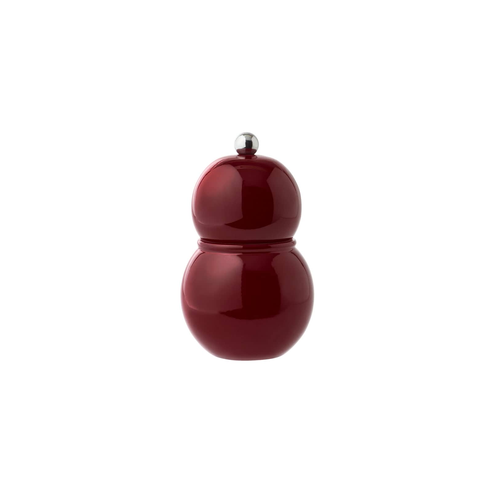 Die Chubbie Salz- und Pfeffermühle 12cm kirsche von Addison Ross ist geformt wie zwei aufeinandergestapelte Kugeln. Sie ist überzogen von spiegelnd glänzendem, rotem Lack.