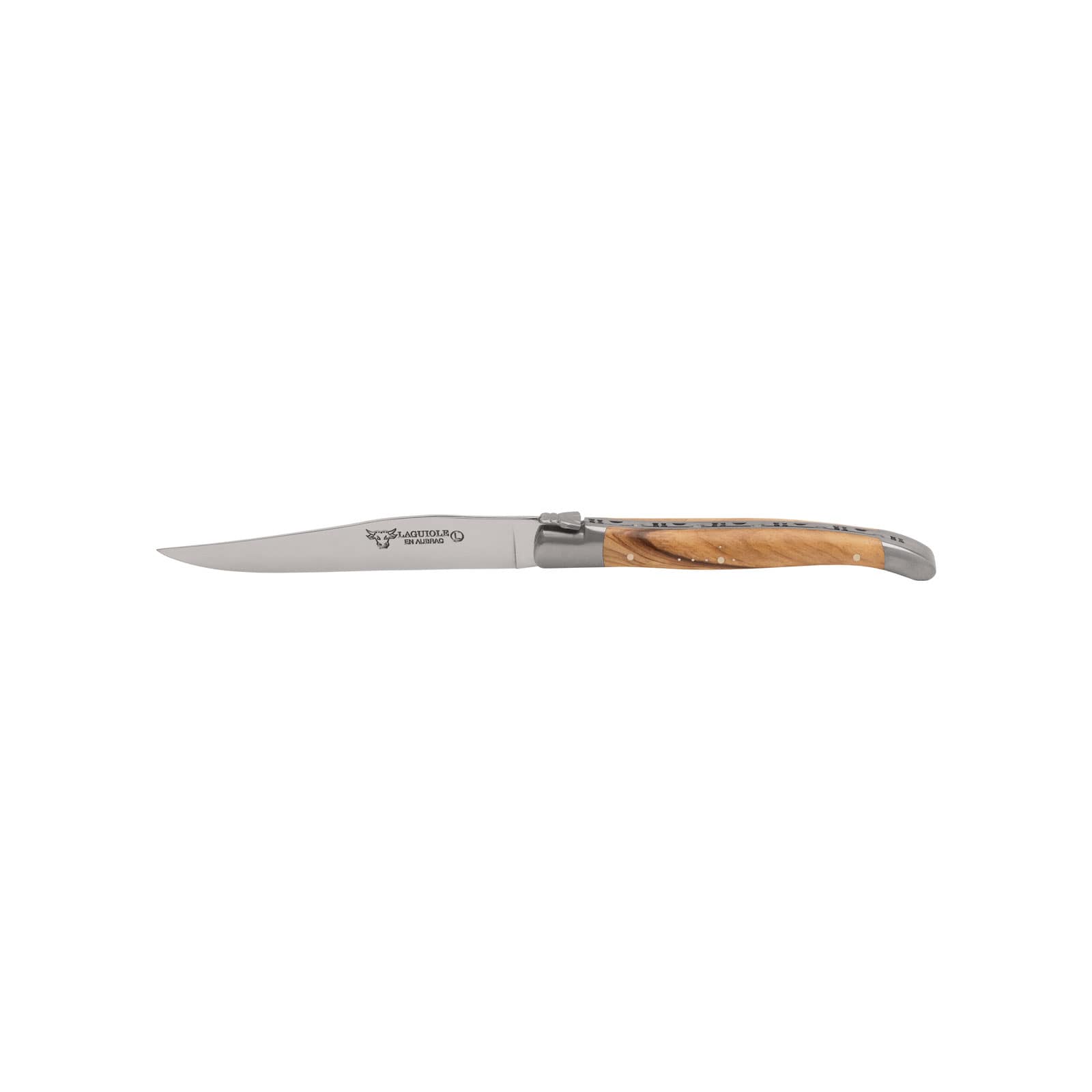 Das Steakmesser Olivenholz von Laguiole en Aubrac besteht aus glänzendem Edelstahl und hat Griffschalen aus hübsch gemasertem Olivenholz.
