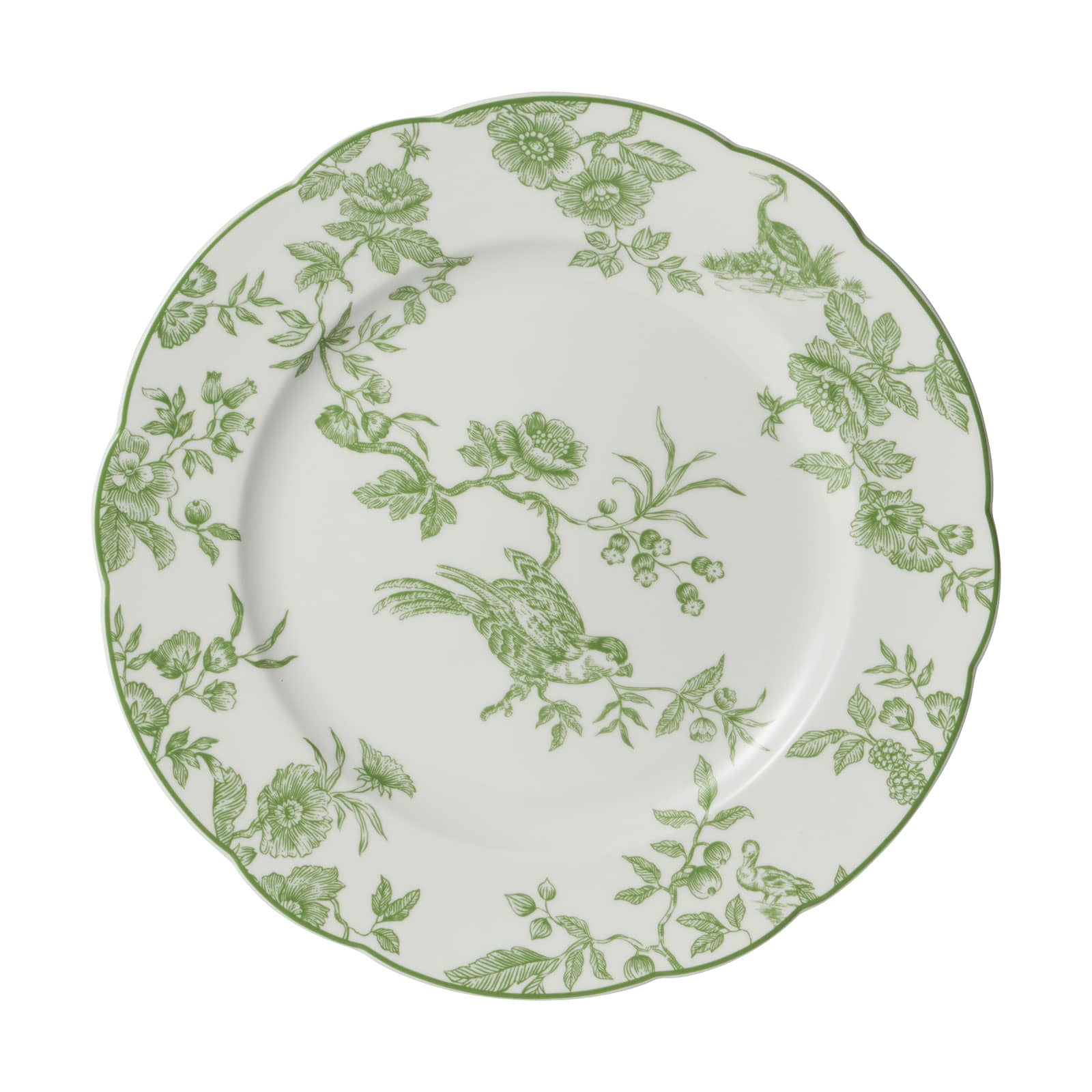Der Albertine Speiseteller von Bernardaud ist ein weißer Porzellanteller mit geschwungenem Rand, dekoriert mit einem grünen Toile-de-Juoy Muster.