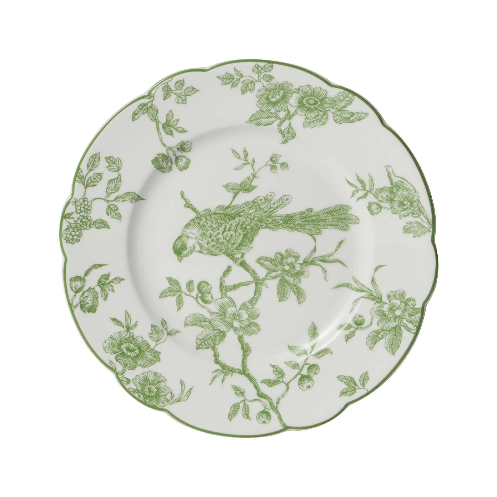 Der Albertine Frühstücksteller von Bernardaud ist ein weißer Porzellanteller mit geschwungenem Rand und dekoriert mit einem grünen Toile-de-Juoy Muster.