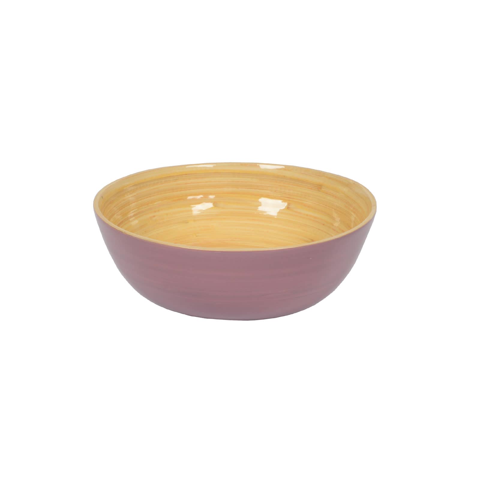 Die glänzend lackierte Bambus-Schüssel flach 18cm mauve ist außen altrosa und zeigt innen das schöne Holz.