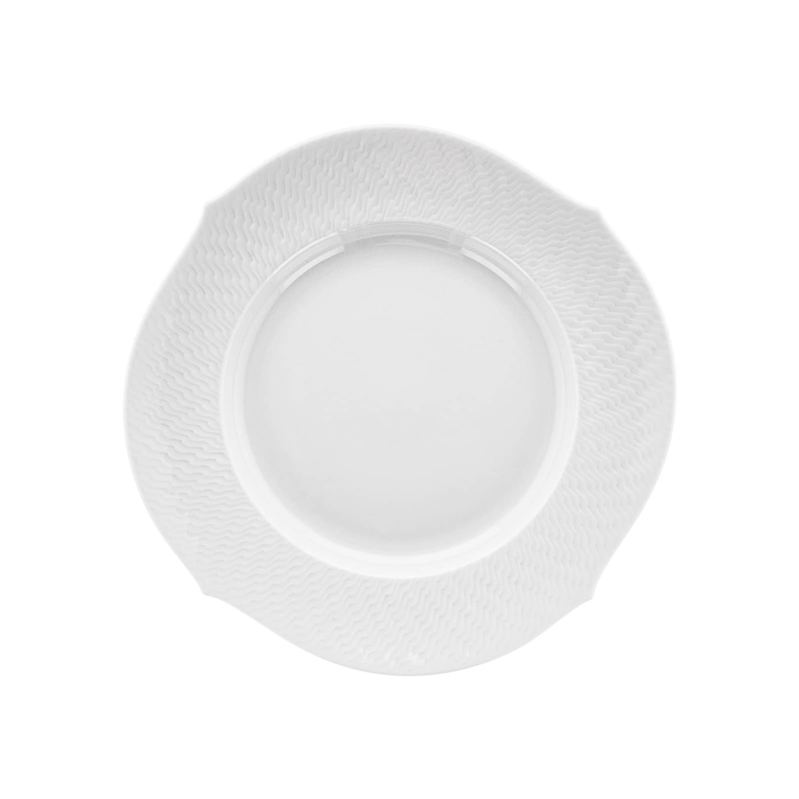 Der Wellenspiel Relief Frühstücksteller von Meissen hat eine strukturierte Fahne und einen wellenartig geschwungenen Rand.