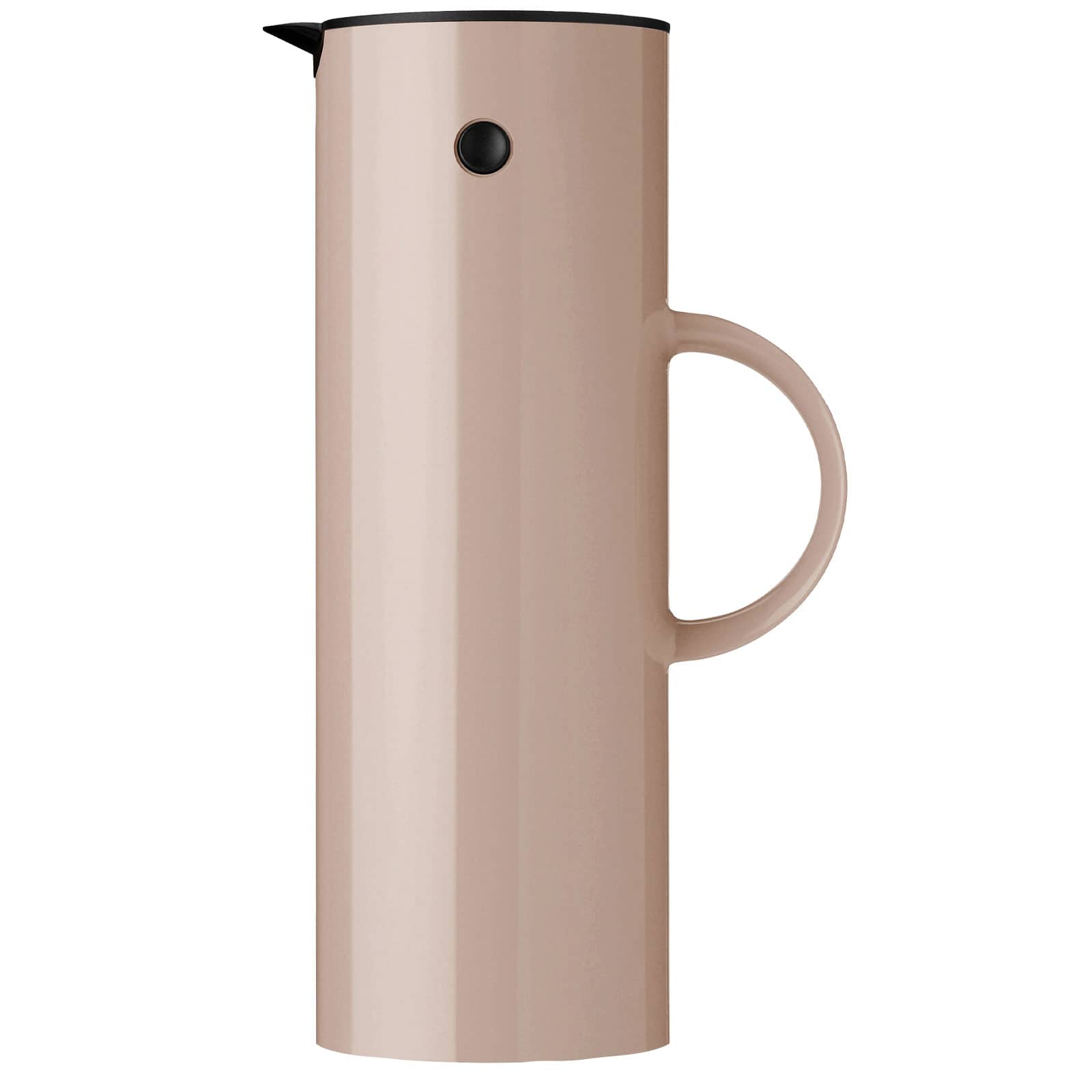 Die EM77 Isolierkanne 1 Liter heather ist altrosa. Die Kanne hat eine perfekte Zylinderform mit einem halbkreisförmigen Griff auf halber Höhe.