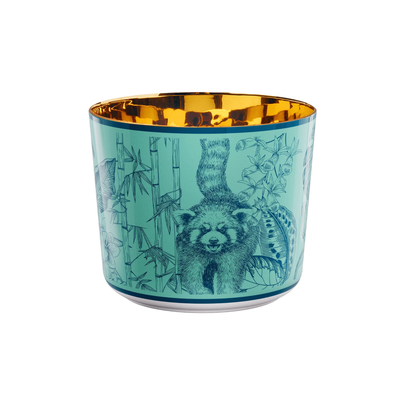 Auf dem Champagnerbecher Paraíso Blue Turquoise von Sieger Fürstenberg ist un Dunkelblau auf türkisem Untergrund ein roter Panda skizziert. Die goldene Innenseite blitzt hervor.