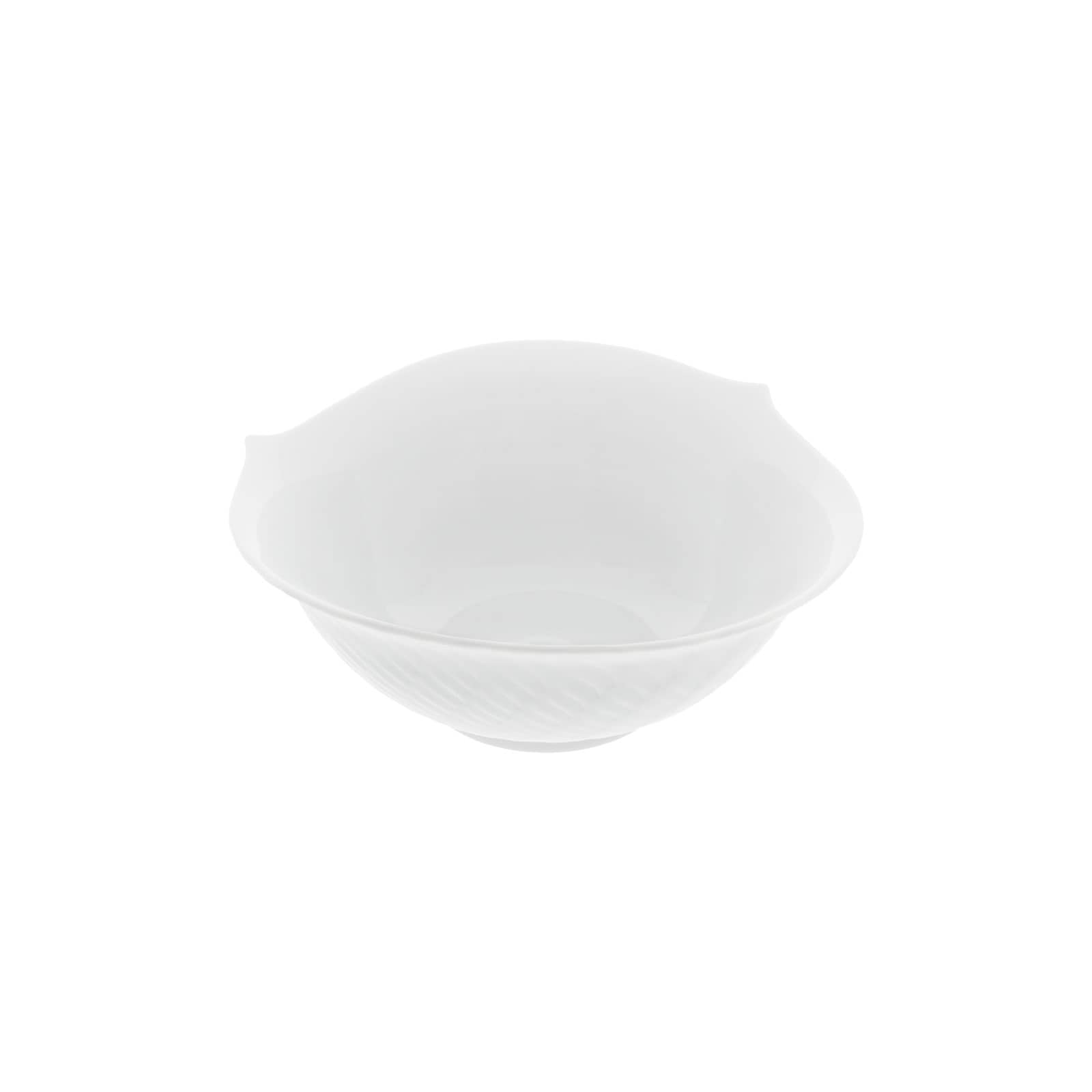 Die Wellenspiel Relief Dessertschale von Meissen besteht aus weißem Porzellan. Sie hat ein strukturiertes Äußeres und einen wellenartig geschwungenen oberen Rand.