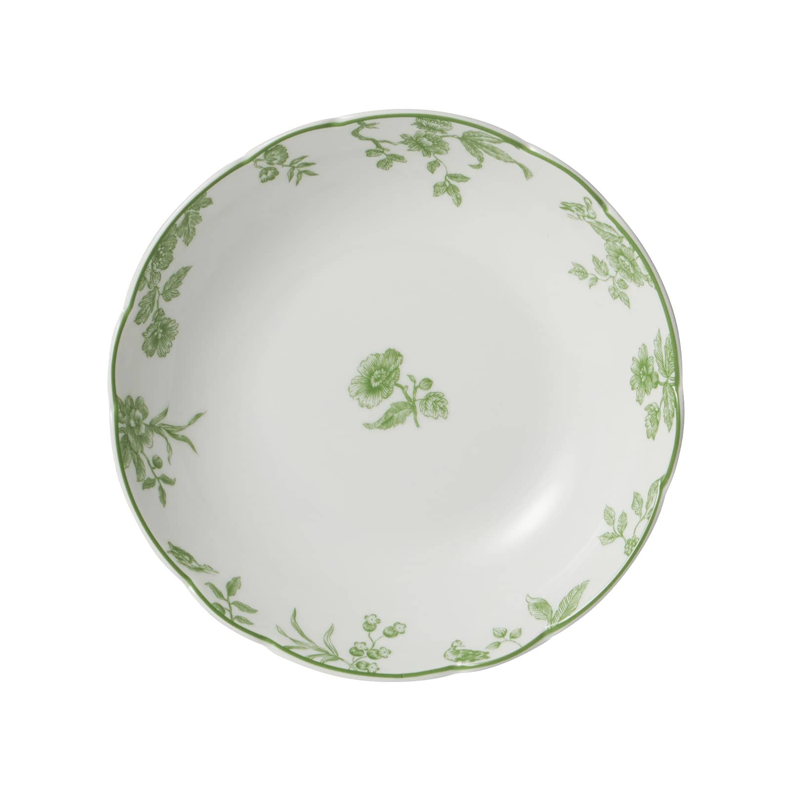 Der Albertine Suppenteller von Bernardaud ist ein weißer Porzellanteller in Coupe-Form mit geschwungenem Rand, dekoriert mit grünem Toile-de-Juoy Muster.