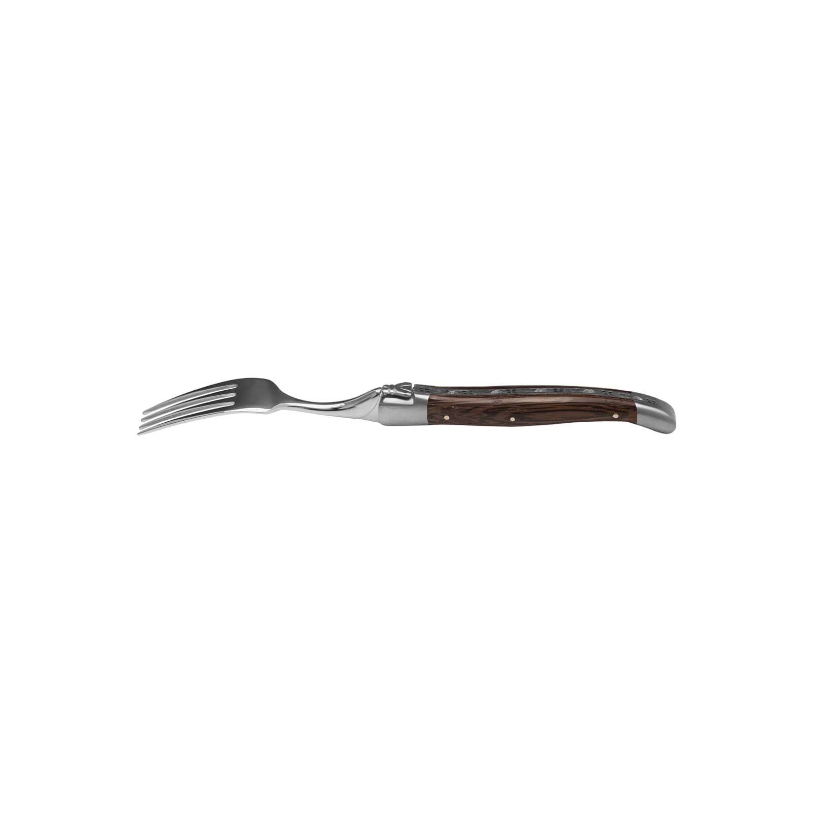 Die Steakgabel Wenge von Laguiole en Aubrac besteht aus glänzendem Edelstahl und hat Griffschalen aus dunkelbraunem Holz.