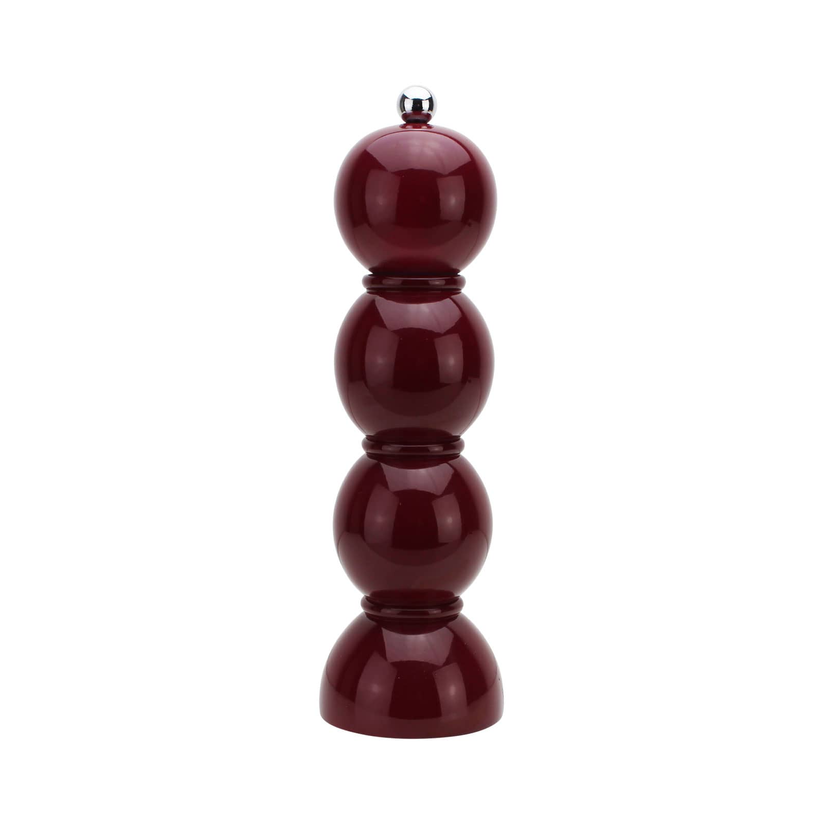 Die Bobbin Salz- und Pfeffermühle 24cm kirsche von Addison Ross ist geformt aus drei Kugeln und auf einem halbkugelförmigen Fuß. Diese bestehen aus lackiertem Holz. Obendrauf befindet sich ein kugelförmiger Edelstahlknopf.